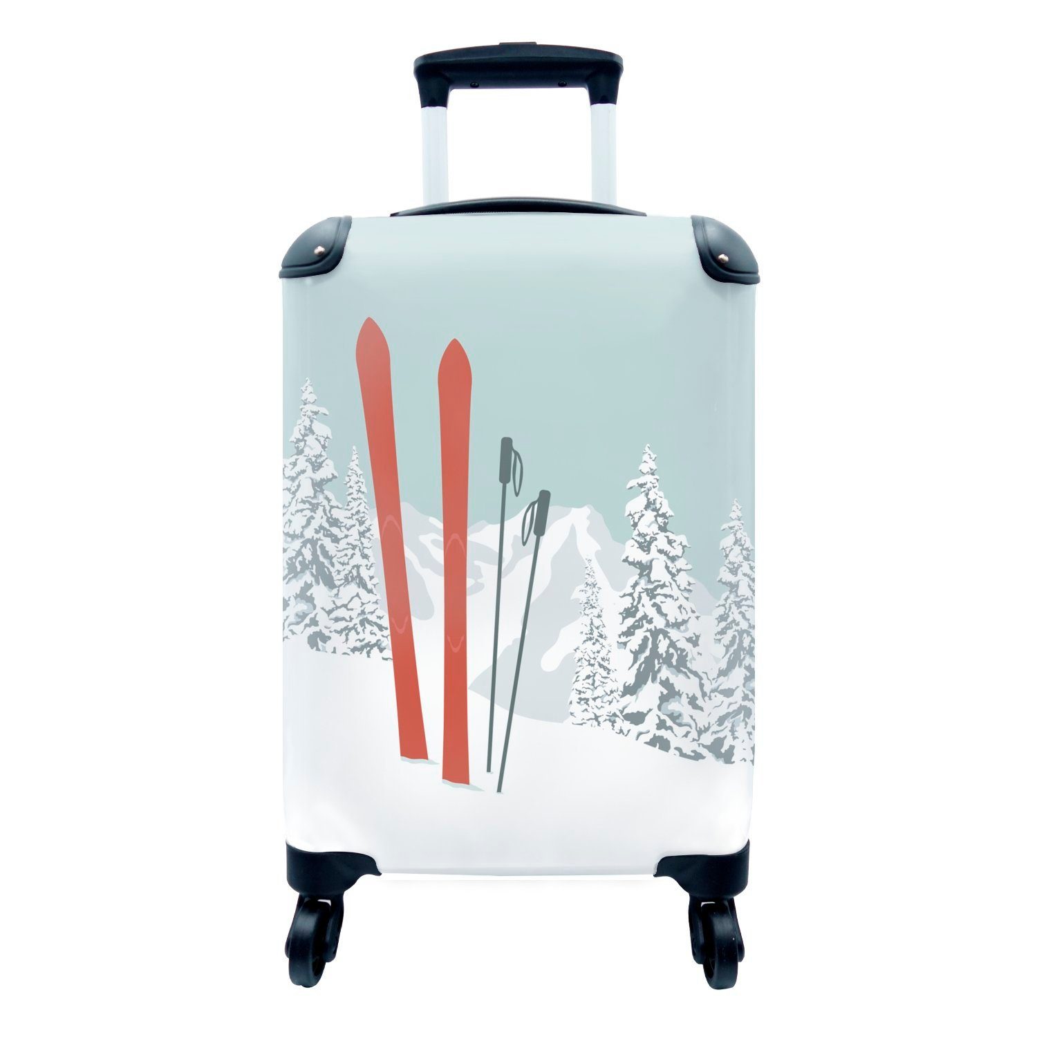 MuchoWow Handgepäckkoffer Zwei Skier und Skistöcke stehen im Schnee einer Illustration, 4 Rollen, Reisetasche mit rollen, Handgepäck für Ferien, Trolley, Reisekoffer