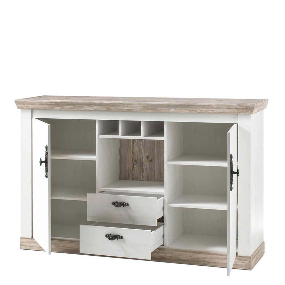 Lomadox Sideboard FERNA-61, weiß Nb. und Oslo Pinie dunkel Nb. mit Flaschen günstig online kaufen