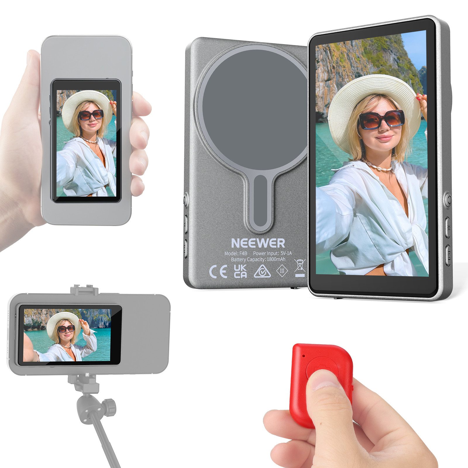 Neewer Selfie-Stick F4B 4" Vlog Selfie Monitor Bildschirm kompatibel mit iPhone, Magnetisches Handy Back Cam Monitor Drahtlose Verbindung 4K Video