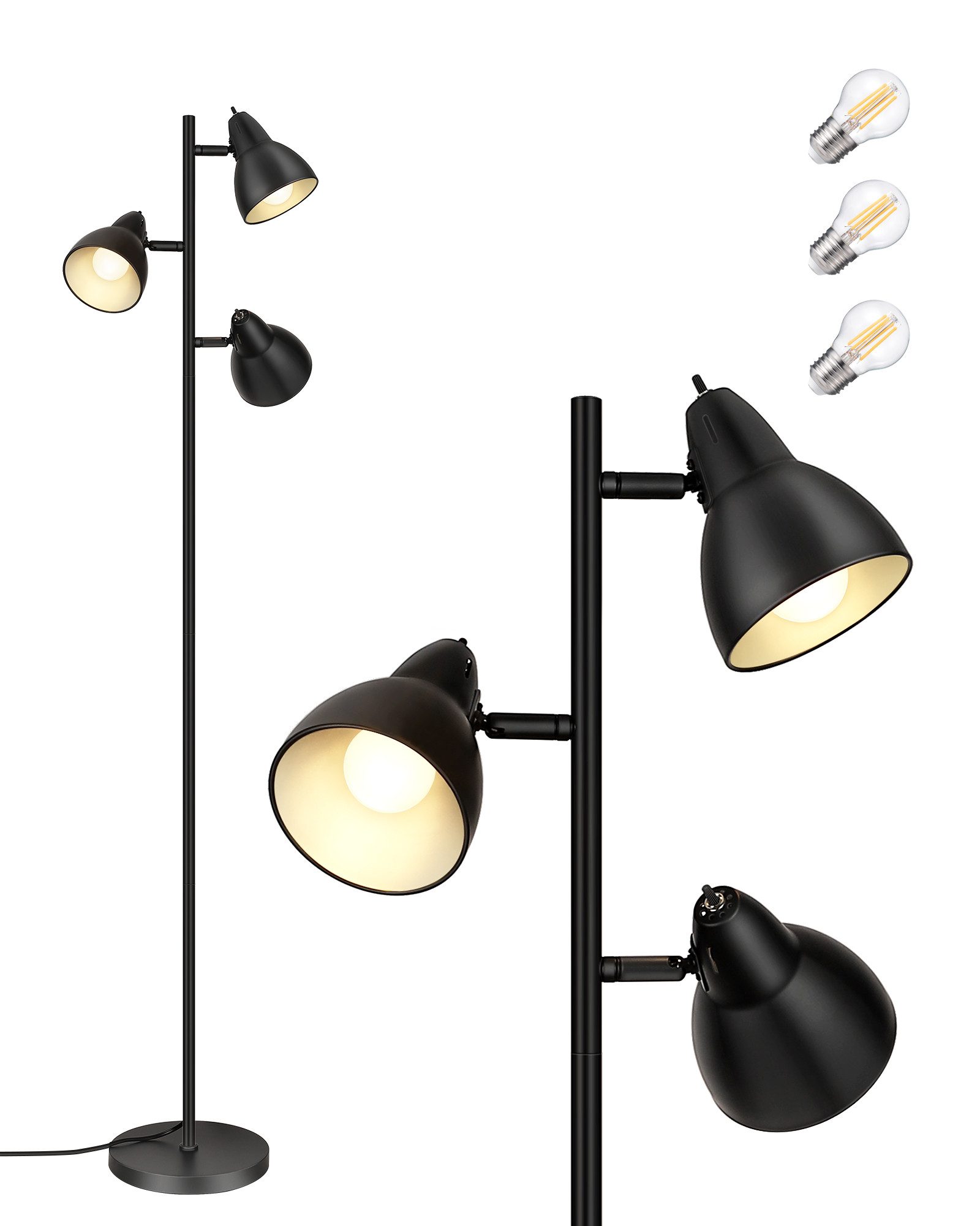 EDISHINE Stehlampe Wohnzimmer 163cm, 3-flammige Standleuchte, LED wechselbar, Schwenkbar