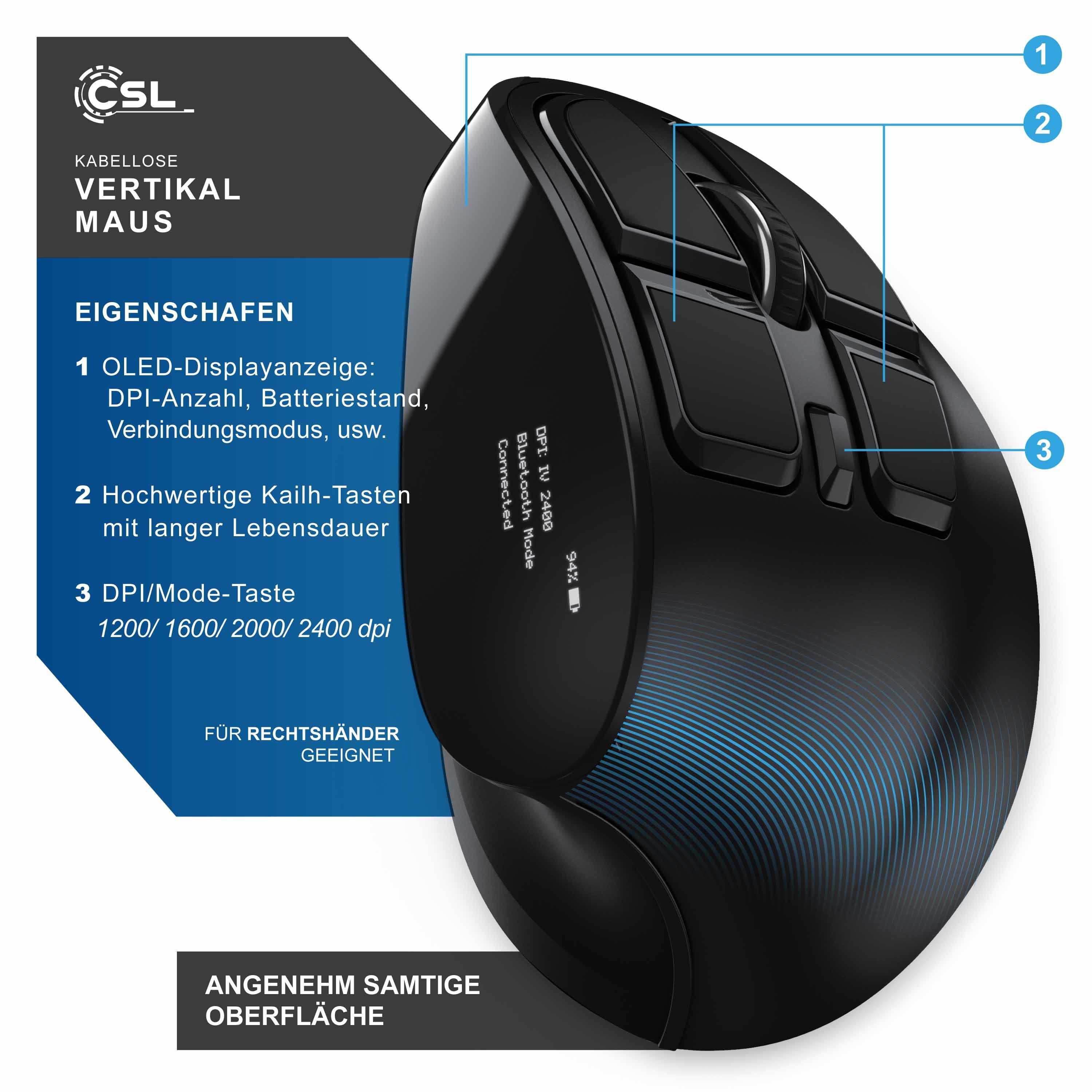 CSL ergonomische Maus (Bluetooth, Funk, Vertikal, optisch, kabellos, 2,4 Ghz, Armschonend, bis 2400 dpi)