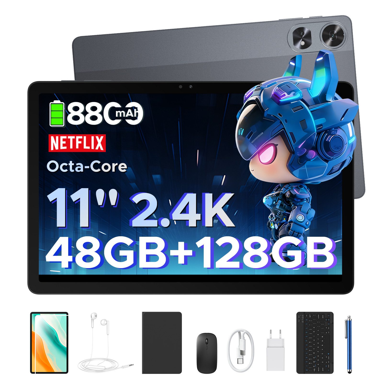Aorlym P11 Android 16 Tablet 11 Zoll mit Tastatur und Stift, 90Hz, 8800mAh Tablet (11", 128 GB, Android 16, T7250 Octa Core, Gemini AI, 13MP + 5MP, Widevine L1, Face ID/OTG/GPS)