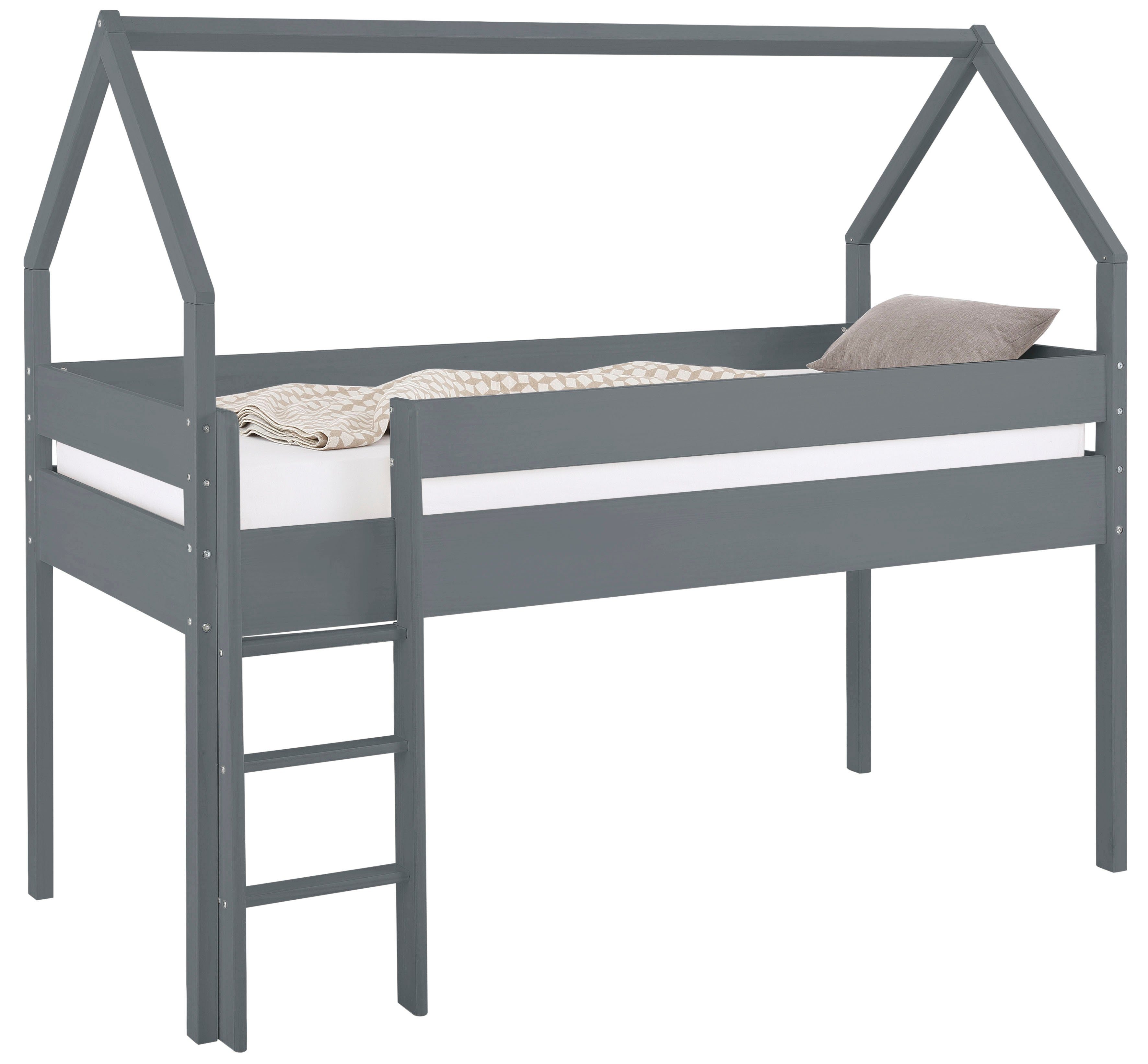 Lüttenhütt Kinderbett Alpi, cm Kiefernholz, aus 90x200 in Grau Haus-Optik Form, Liegefläche einer