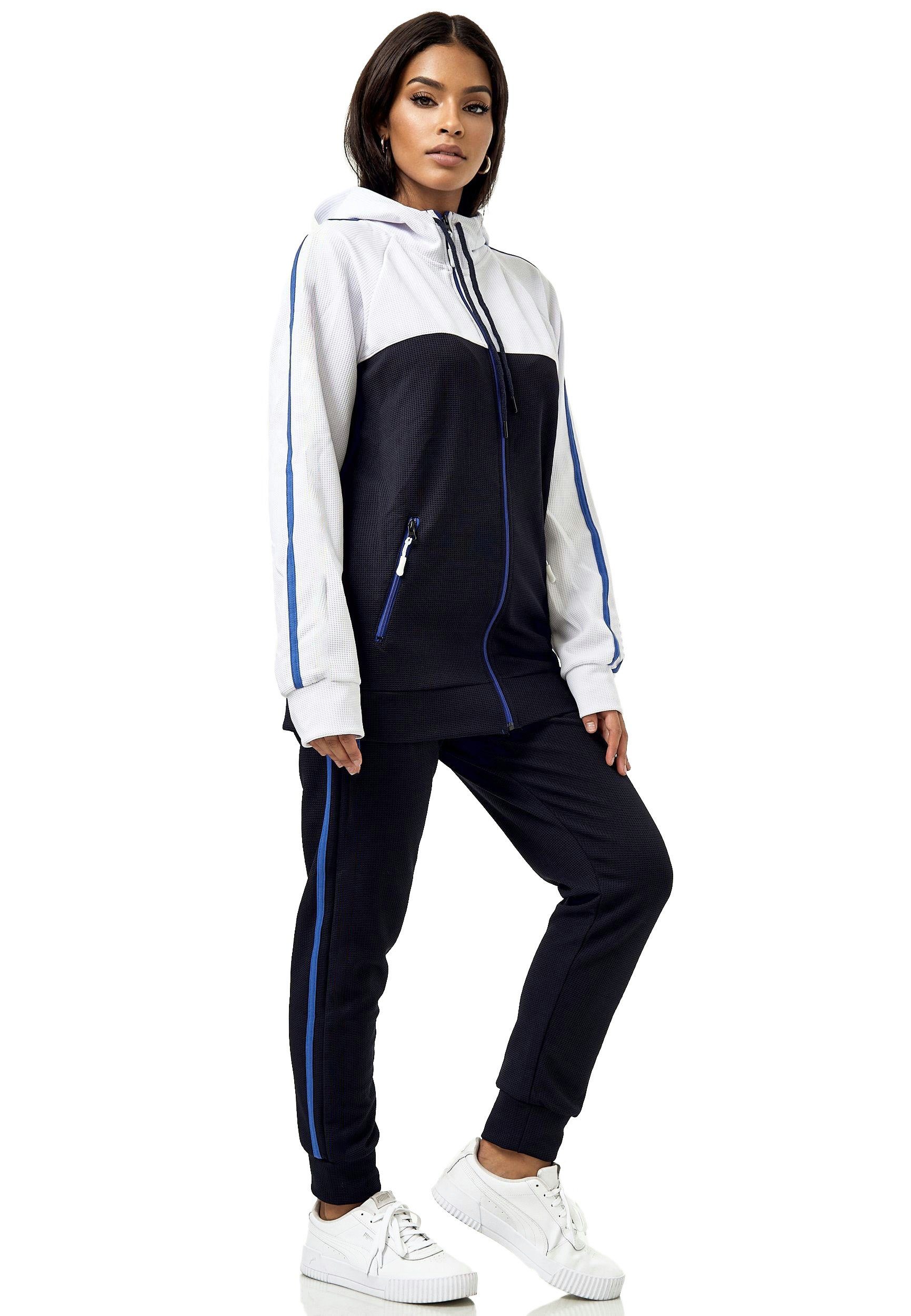 L.gonline Freizeitanzug Damen Jogginganzug Freizeitanzug Sportlich 3750 (Kapuzenjacke mit Reißverschluss, Hose, 2-tlg), mit Streifen