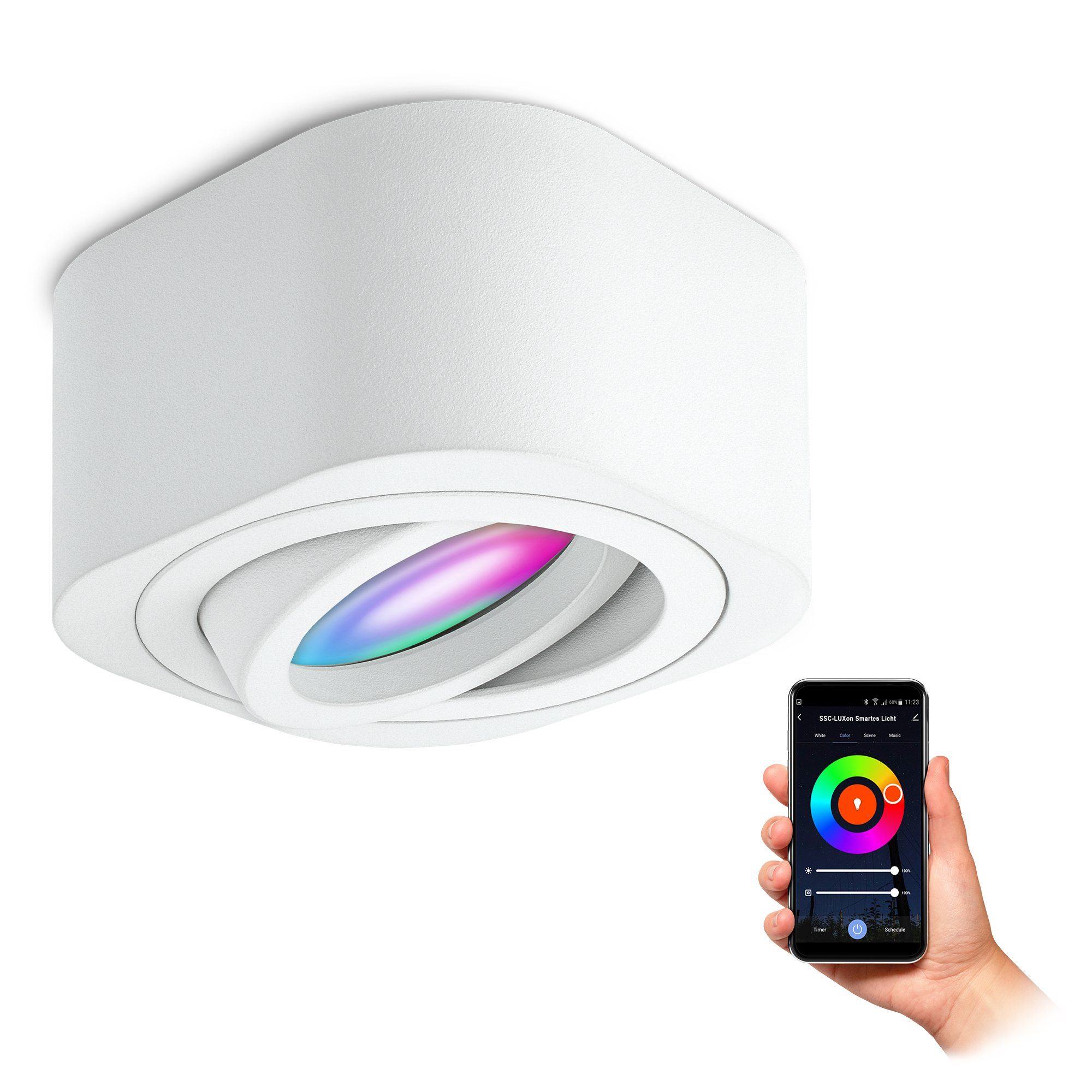 SSC-LUXon LED Aufbaustrahler TEARA Aufbauleuchte weiss schwenkbar flach mit RGB+ WLAN LED dimmbar, RGB & Weißtöne