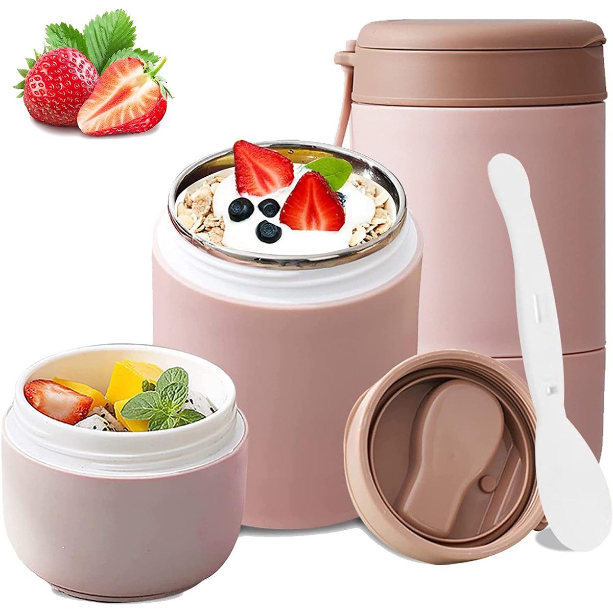 MOPUEA Lunchbox Müslibecher To Go 800 ml Thermobehälter Doppelwandig Joghurtbecher, (1-tlg), mit Löffel auslaufsicher