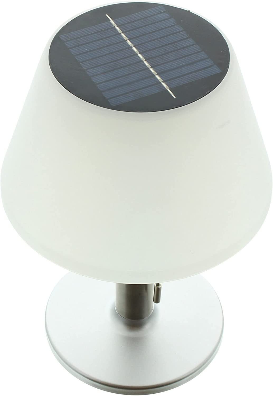 Dekoleidenschaft LED Außen-Tischleuchte "Solar", 3 Design Tischleuchte Stimmungslicht Helligkeitsstufen, warmweiß, LED-Tischlampe, silber in weiß, integriert, matt, in LED Tischleuchte, fest warmweiß, Lampenschirm