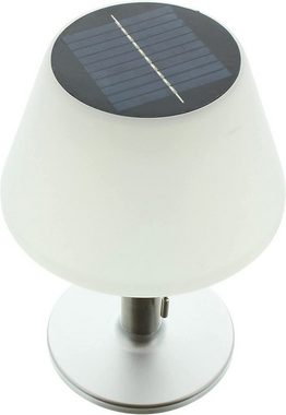 Dekoleidenschaft LED Außen-Tischleuchte "Solar", Design Tischleuchte in silber matt, Lampenschirm in weiß, 3 Helligkeitsstufen, LED fest integriert, warmweiß, LED-Tischlampe, warmweiß, Tischleuchte, Stimmungslicht