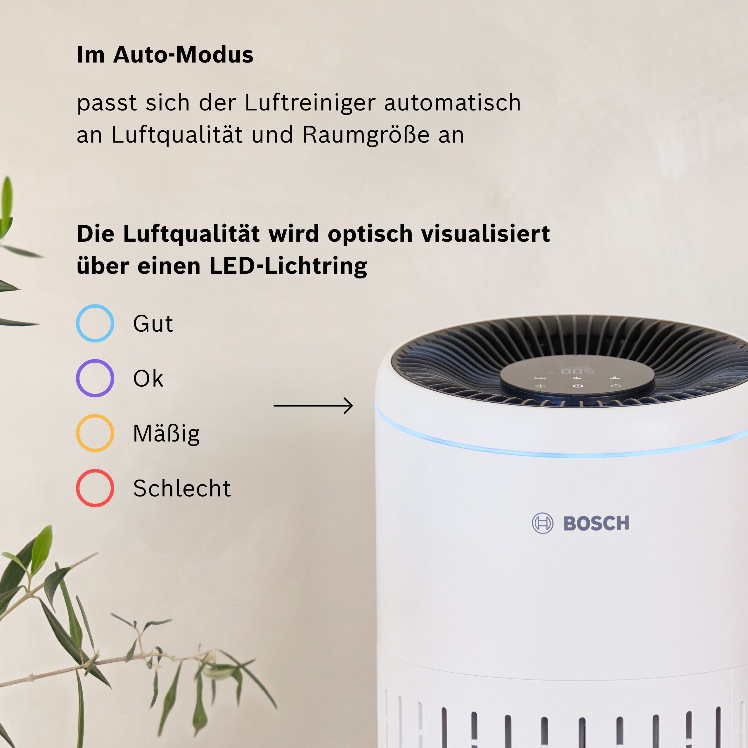 BOSCH Luftreiniger Air 2000, filtert über 99% der Schadstoffe, für 37 m² Räume, mit 3-in-1 Luftfilter, Automatik- und Ruhemodus)