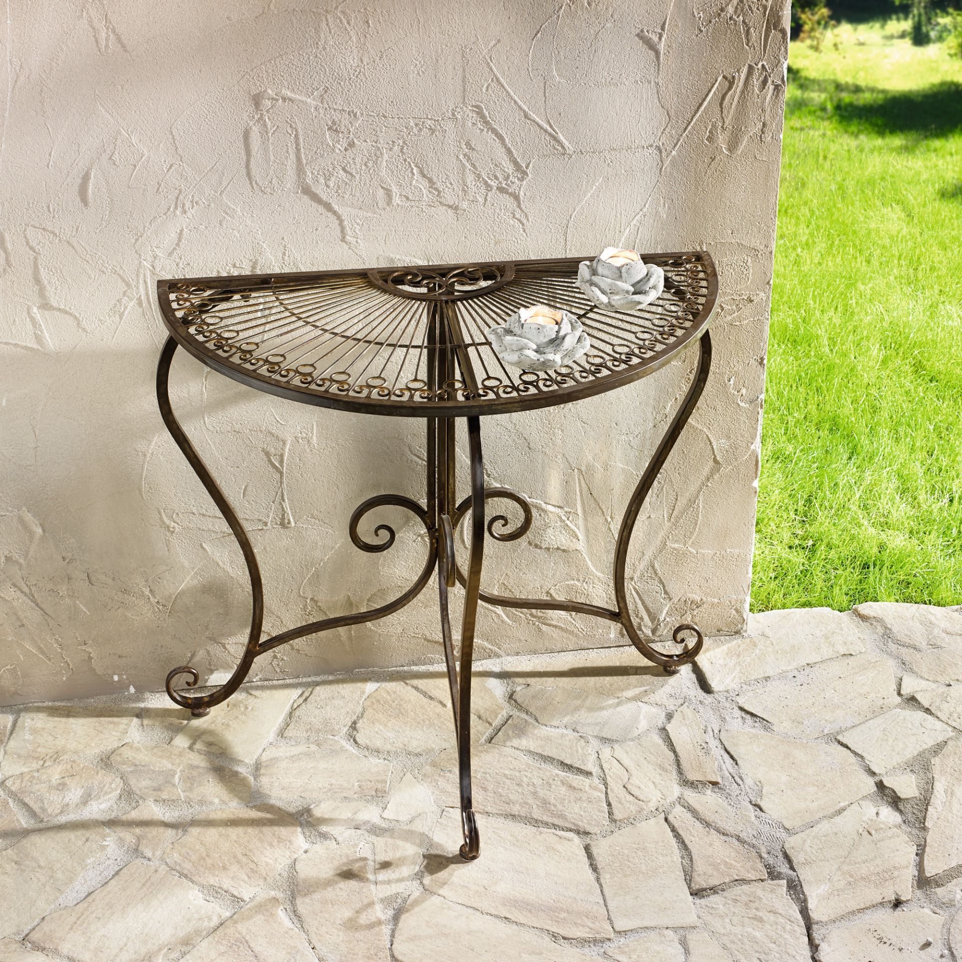 Dekoleidenschaft Konsolentisch "Provencal" halbrund, Metall Konsole, Rost Optik, Beistelltisch, Balkontisch im Antik Design