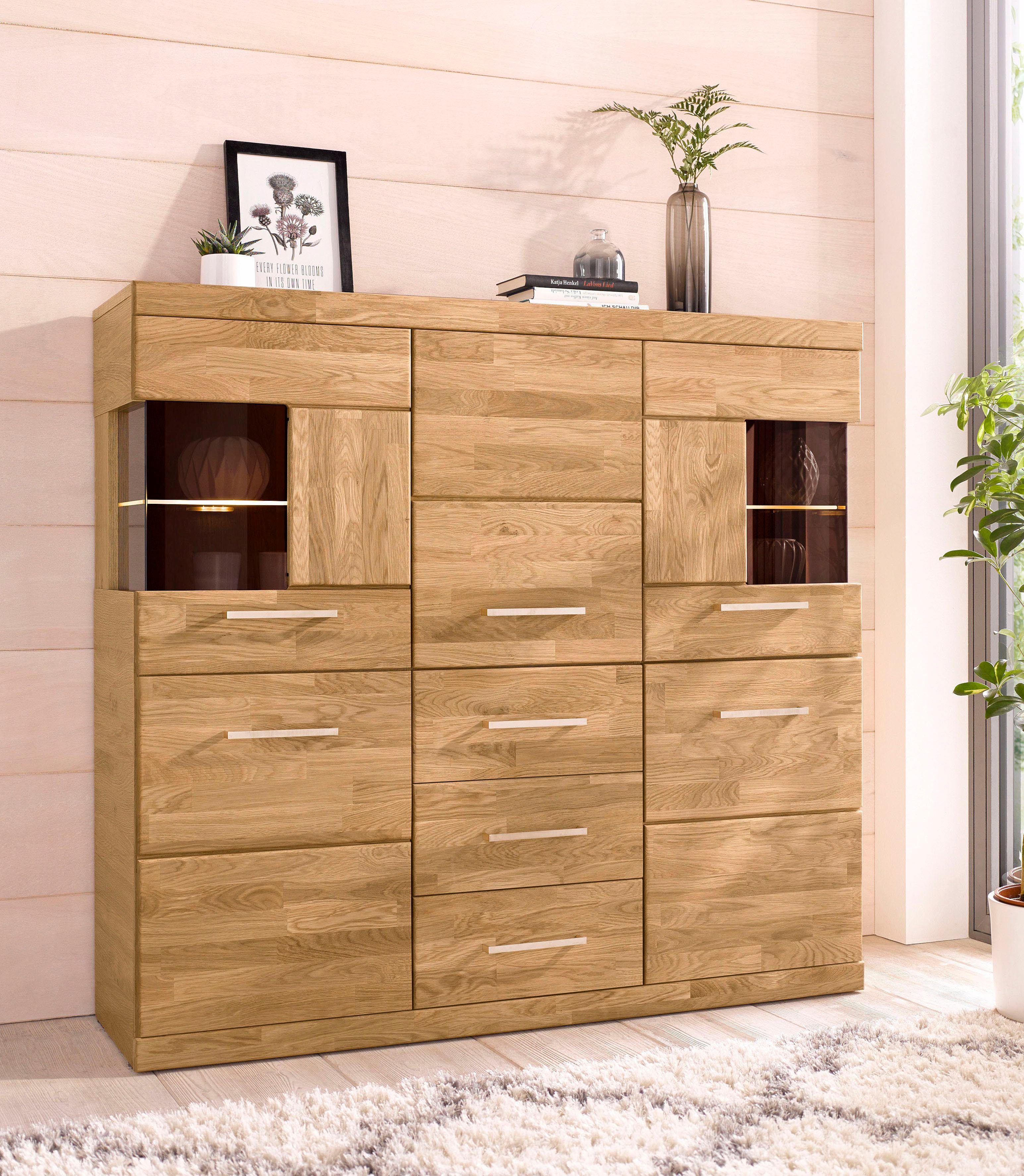 OTTO home Highboard Ribe,125cm breit,115cm hoch, Fronten Massivholz,5Türen,3 Schubladen, Holz massiv, Holzwerkstoff, Metall Griffe,10Fächer, Böden versetzbar