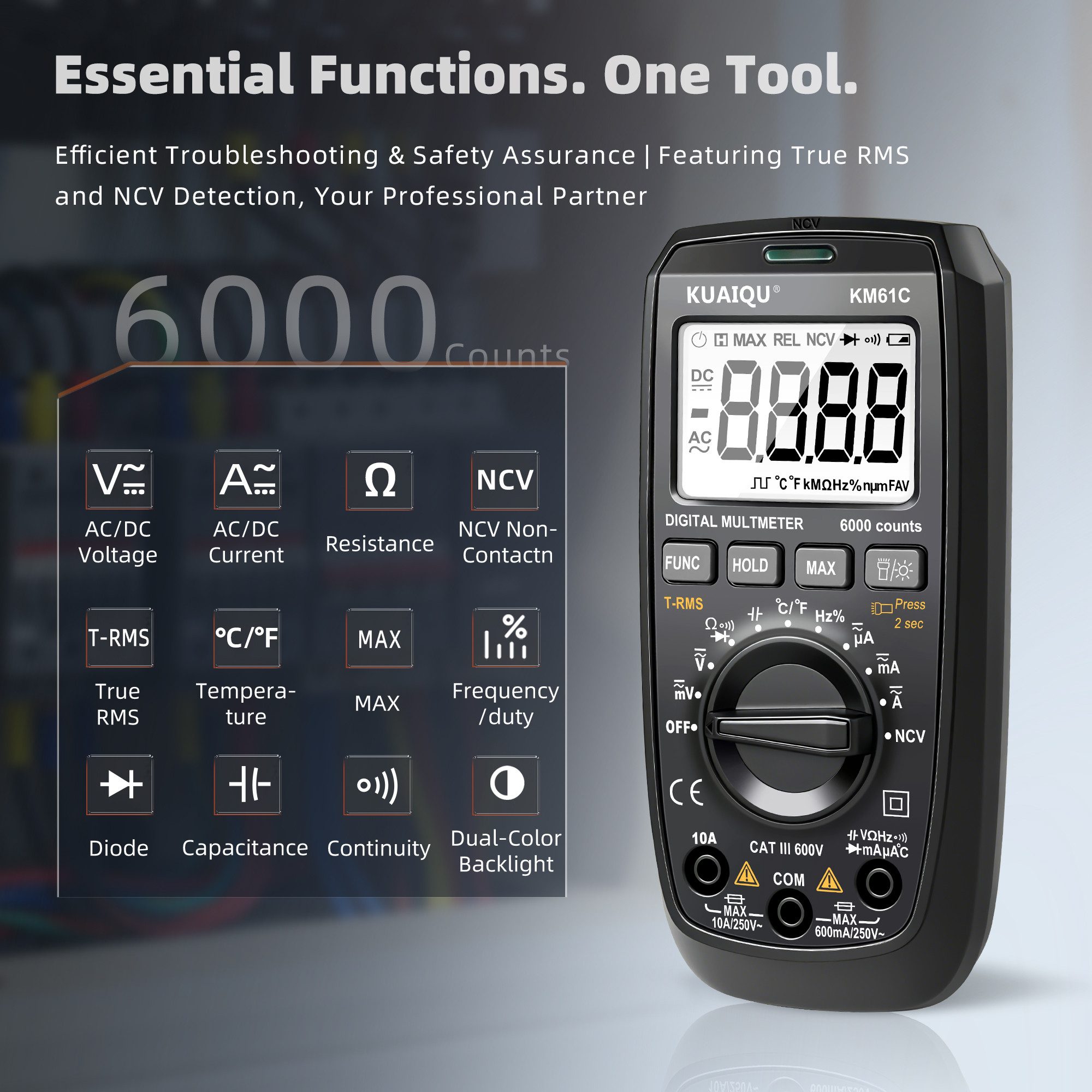 BBG Multimeter Digitales Multimeter True RMS mit NCV-Spannungserkennung, LCD-Backlight, LED-Licht&HOLD-Funktion für präzise AC-Spannungsmessung