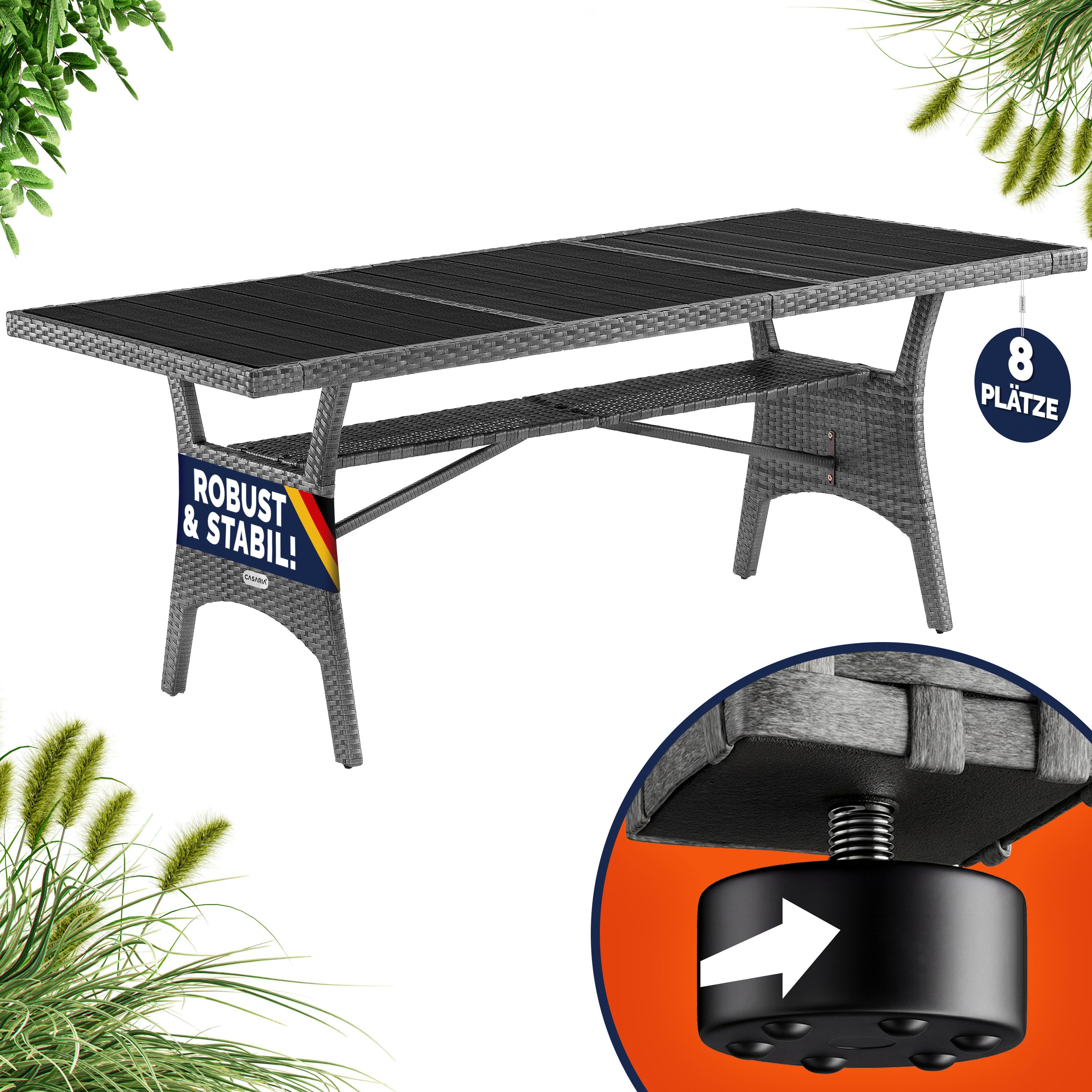 Casaria Gartentisch (1-St), Wetterfest 190x90x75cm WPC Tischplatte Polyrattan inkl. Ablage