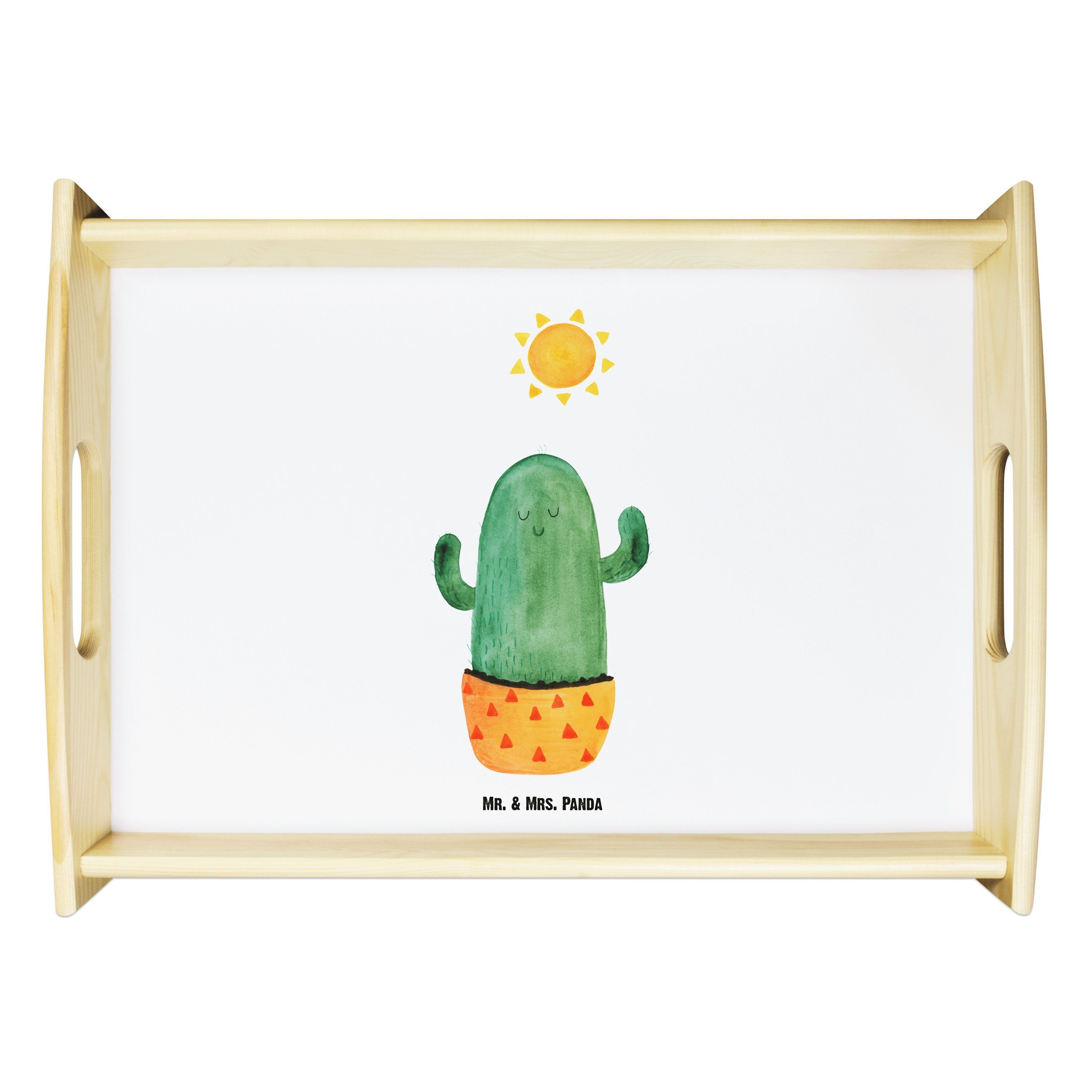 Mr. & Mrs. Panda Tablett Frühstückstablett, lasiert, - Kaktus (1-tlg) Sonnenanbeter Küchentabl, Geschenk, - Weiß Echtholz