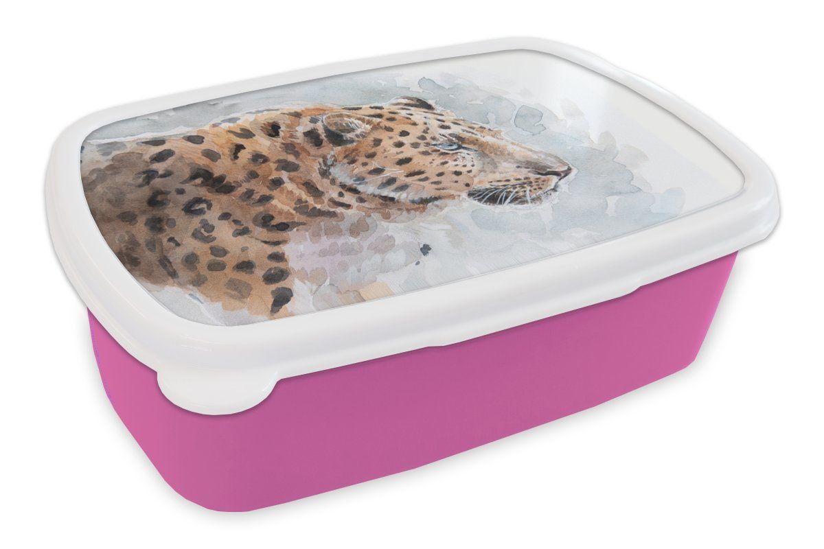 MuchoWow Lunchbox Leopard Aquarell Kunststoff Brotbox rosa - für Kunststoff, Kinder, Mädchen, (2-tlg), Snackbox, Erwachsene, Blau, - Brotdose