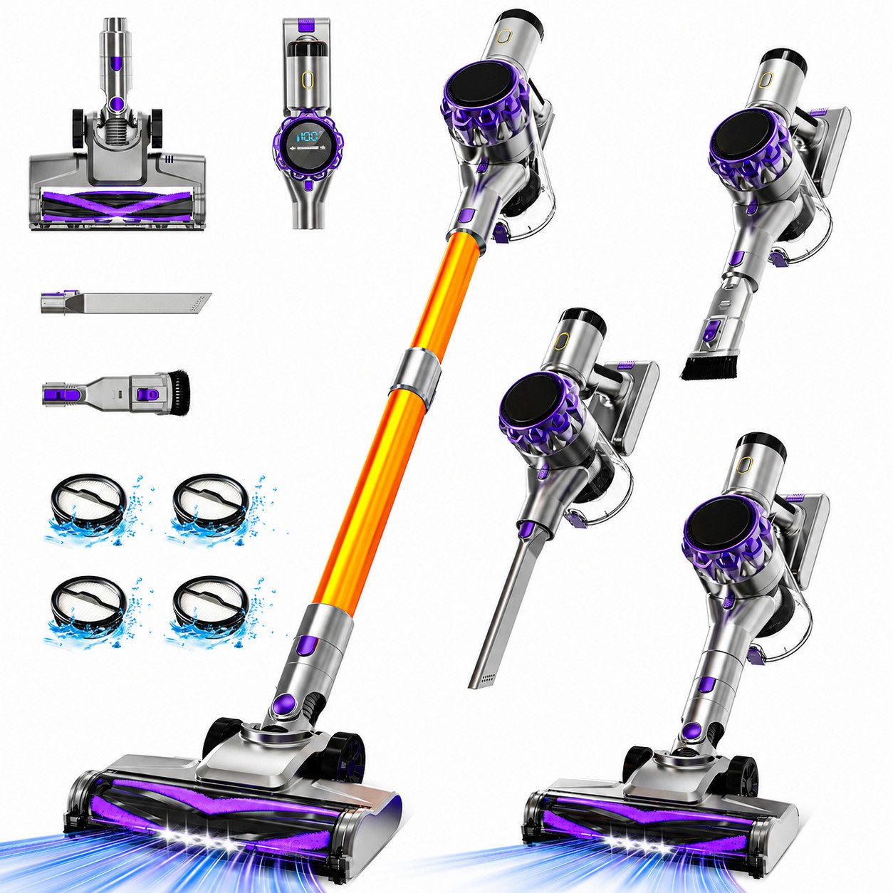 VacniQ Akku-Hand-und Stielstaubsauger Akku Staubsauger Kabellos 68Kpa 55min Laufzeit, 65dB,für Tierhaare, 300 W, Kabelloser Handstaubsauger für Trockenbetrieb, 6-fach Hochleistungsfilter, Zubehör inklusive, Handstaubsauger