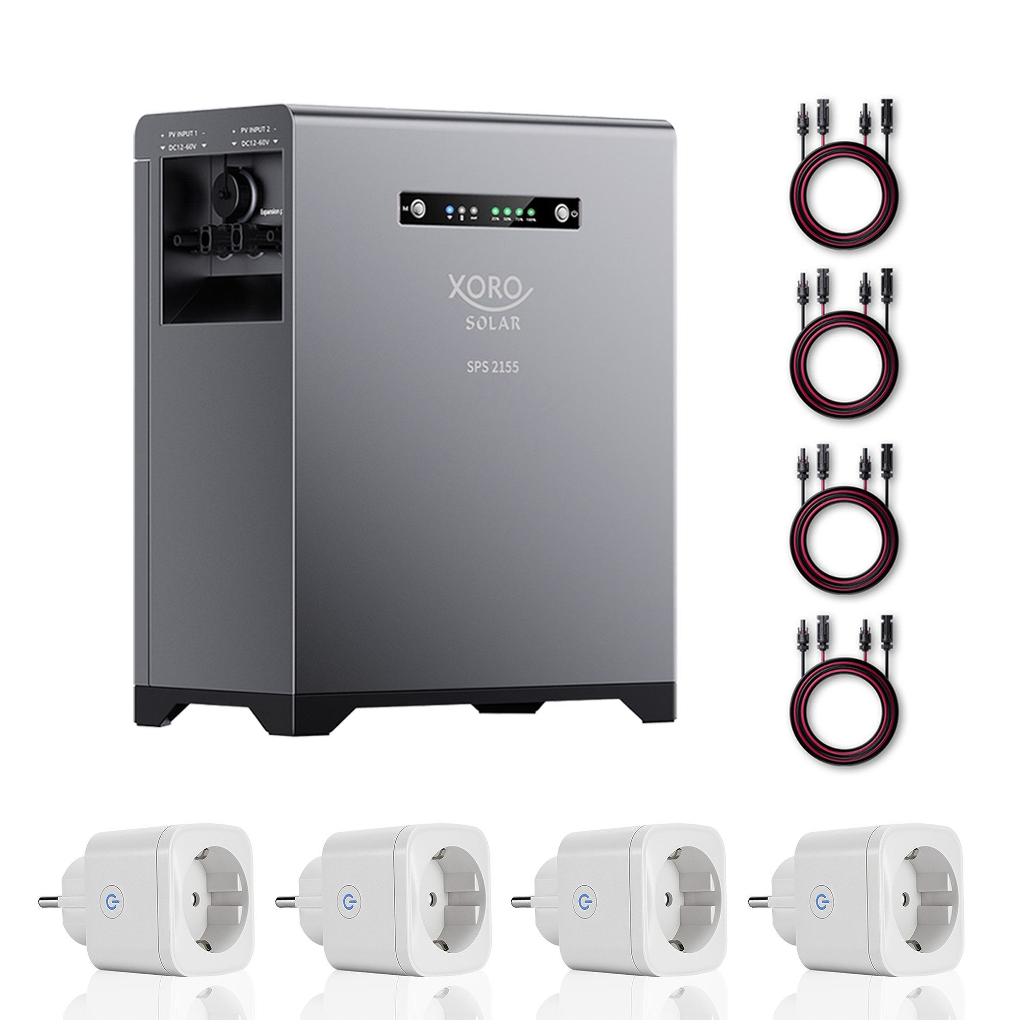 Xoro SPS 2155 mit 4x SPP16A Smart Plug Stromspeicher XORO SOLAR SPS 2155 630000 mAh (1 St), 2016 Wh LiFePO₄‑Speicher, erweiterbar bis 6048 Wh
