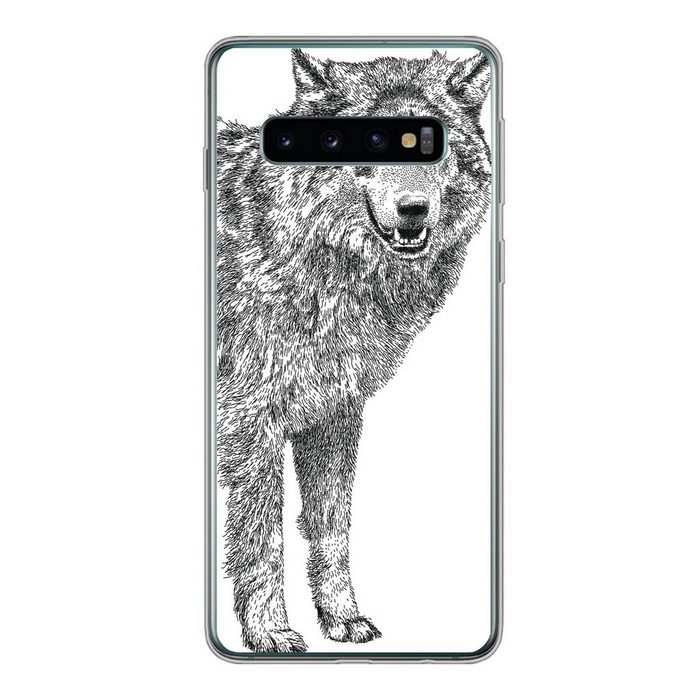 MuchoWow Handyhülle Wolf - Weiß - Skizze Phone Case Handyhülle Samsung Galaxy S10 Silikon Schutzhülle