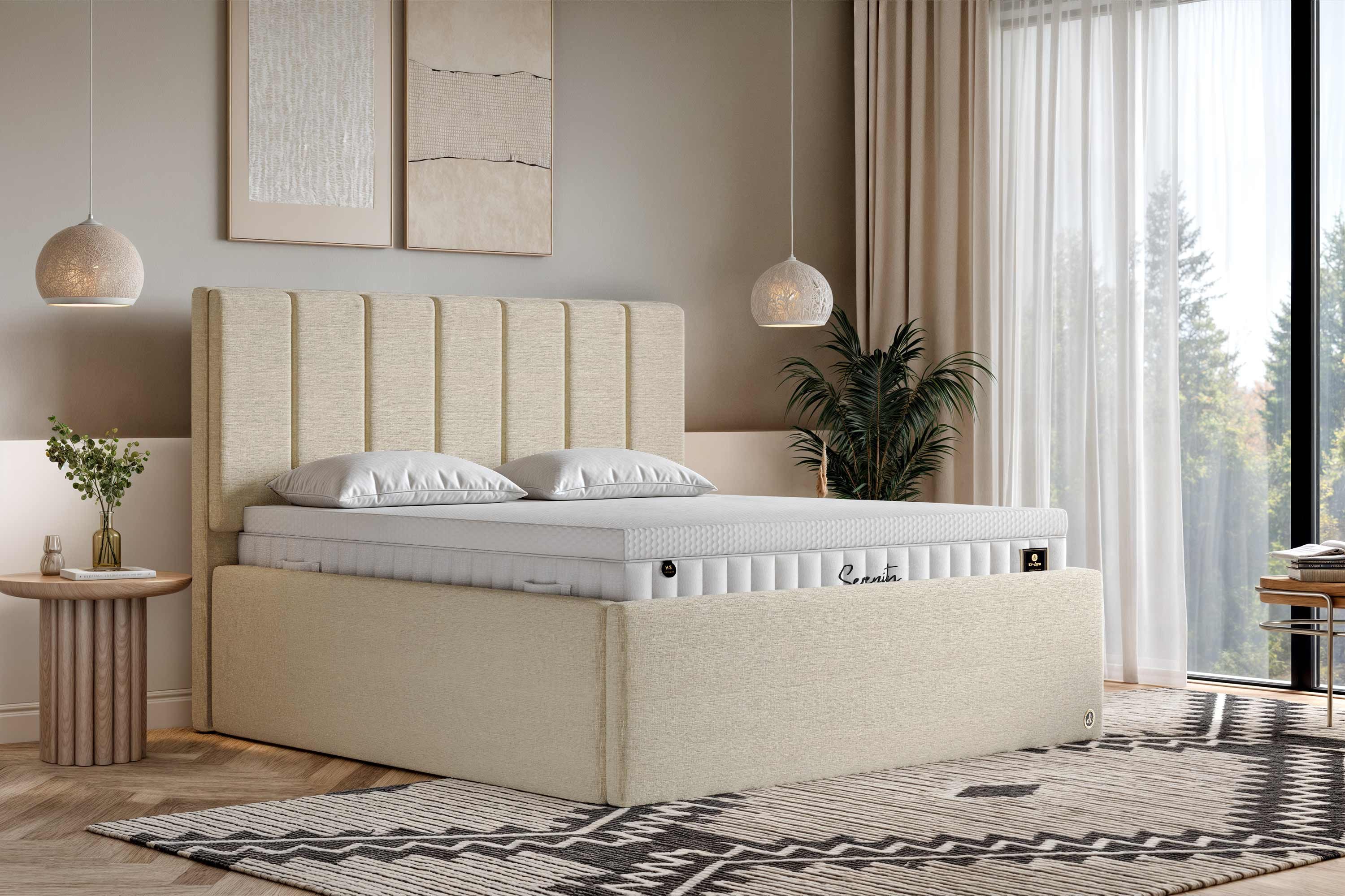 Di-Lara Polsterbett Belisama 90x200 cm (Creme, mit Lattenrost(e) und XXL Bettkasten), ohne Matratze(n) und Topper