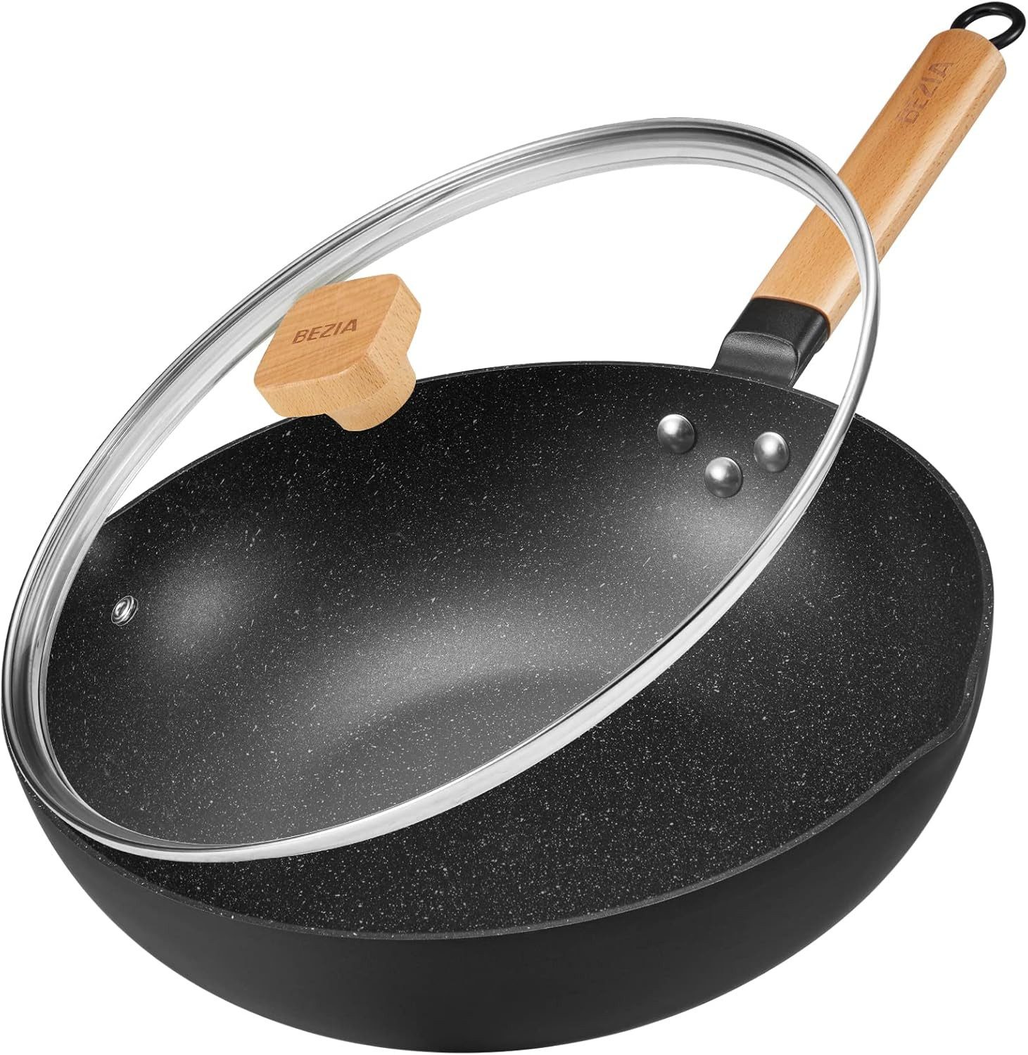 Wok Induktions Wok Pfanne, Antihaft-Wokpfanne 30 cm mit Deckel & Holzgriff