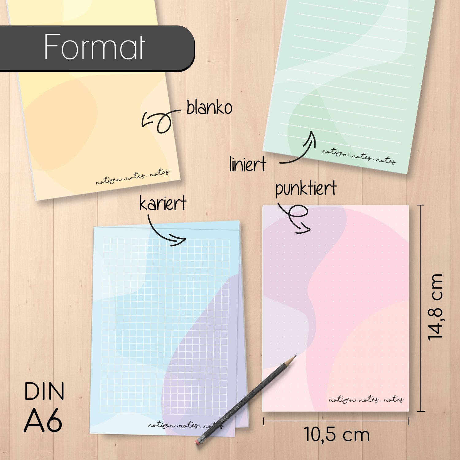 younikat Notizblock Notizblock A6 - 4x I kariert blanko liniert punktiert I you0086