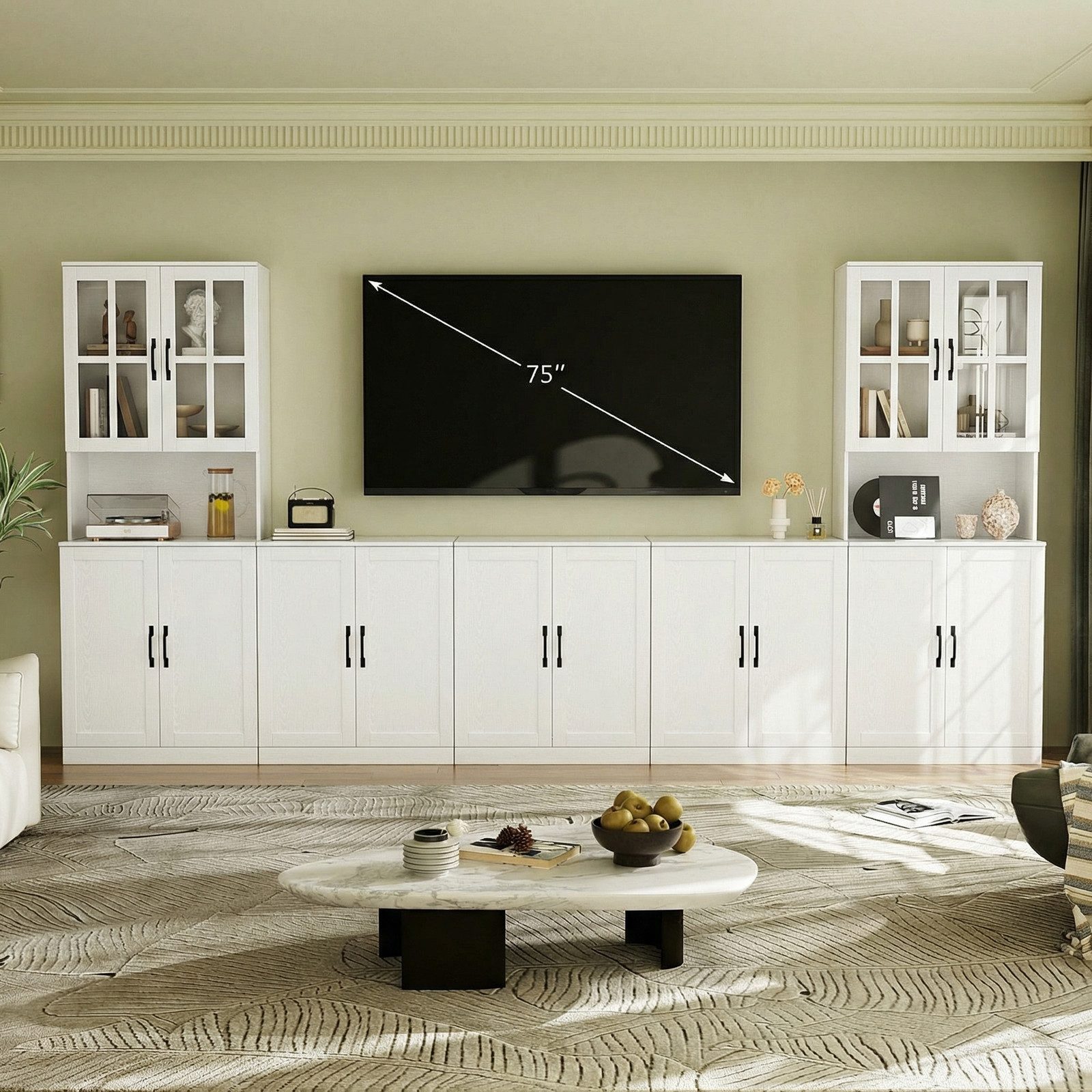 VOWNER TV-Schrank Modularer Wohnzimmerschrank mit Glastüren & Bücherregalen (5-St) 5-teiliger Fernsehschrank für TV bis 75 Zoll, 300 x 180 x 40 cm