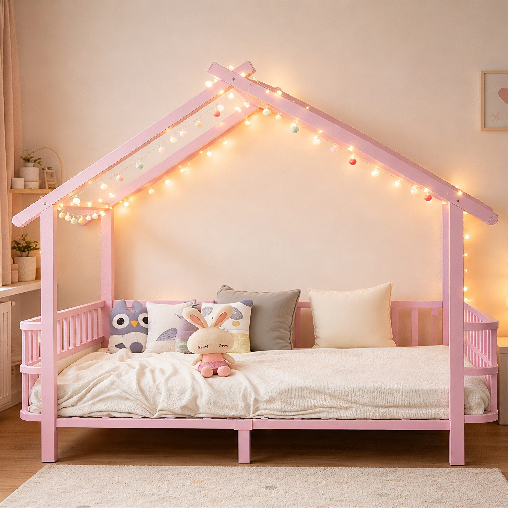 Odikalo Bettgestell Kinderbett Jugendbett Doppelbett 90/140×200 Ohne Matratze (Hausform mit Sicherheitsgitter Dachdesign und dekorativem Rahmen für Jungen und Mädchen(Ohne LED-Leuchten)
