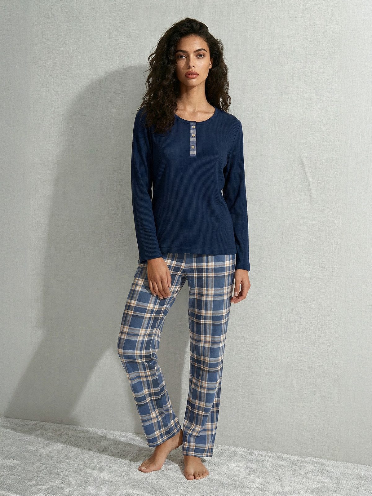 Banii Pyjama Langarm Set Sienna Ripp Karo Schlafanzug