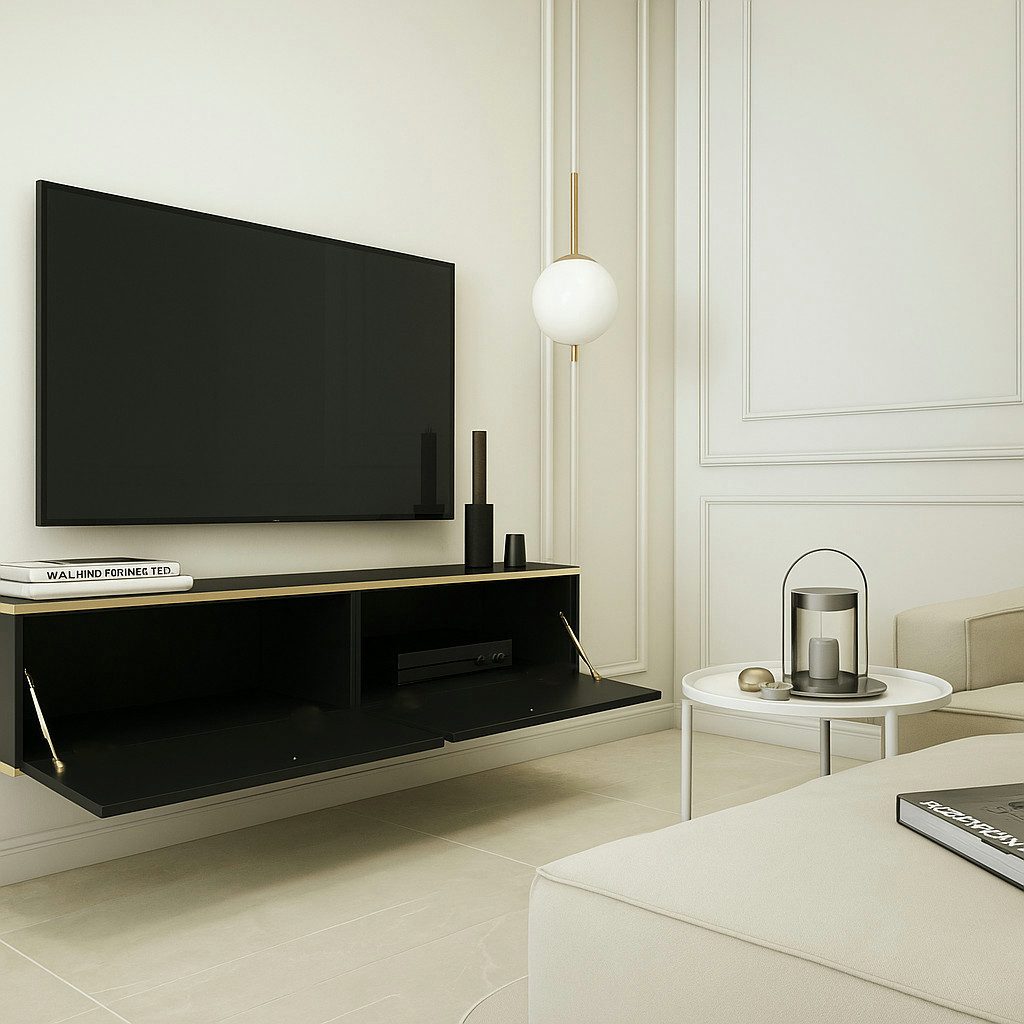 MOEBLO TV-Board Dayn RTV - 135 (Hängendes Lowboard mit Push-to-Open, TV-Schrank im Glamour-Stil mit goldenen Akzenten, Fernsehschrank aus MDF, RTV-Schrank mit goldenen Einsätzen), (HxBxT):30x135x32cm