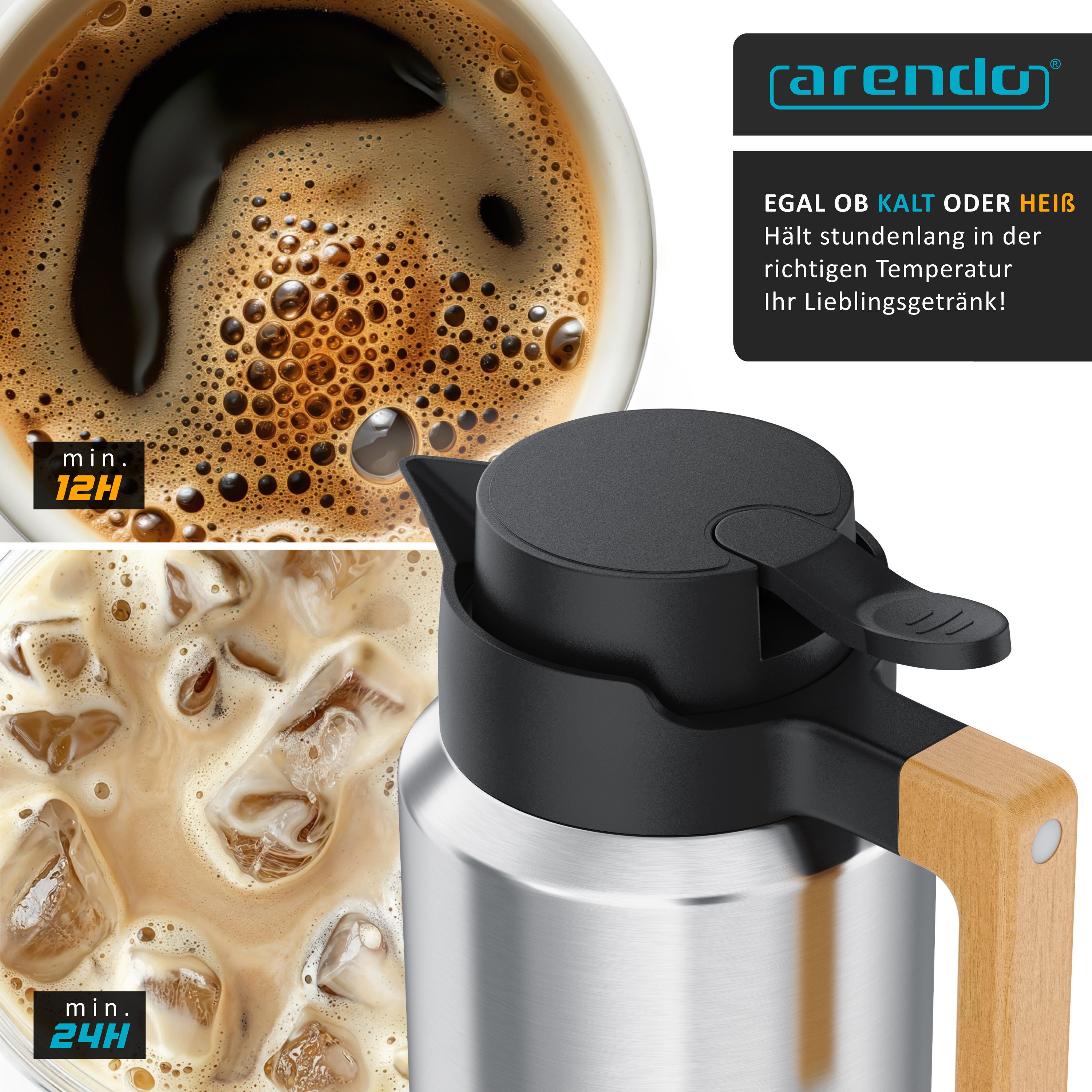 Arendo Isolierkanne Thermoskanne 1,2L Edelstahl mit Holzgriff, doppelwandig, auslaufsicher, 1,2 l, (1-St), 1200 ml, abnehmbarer Deckel, Quick-Tip-Verschluss, BP – Bild 5 von 5