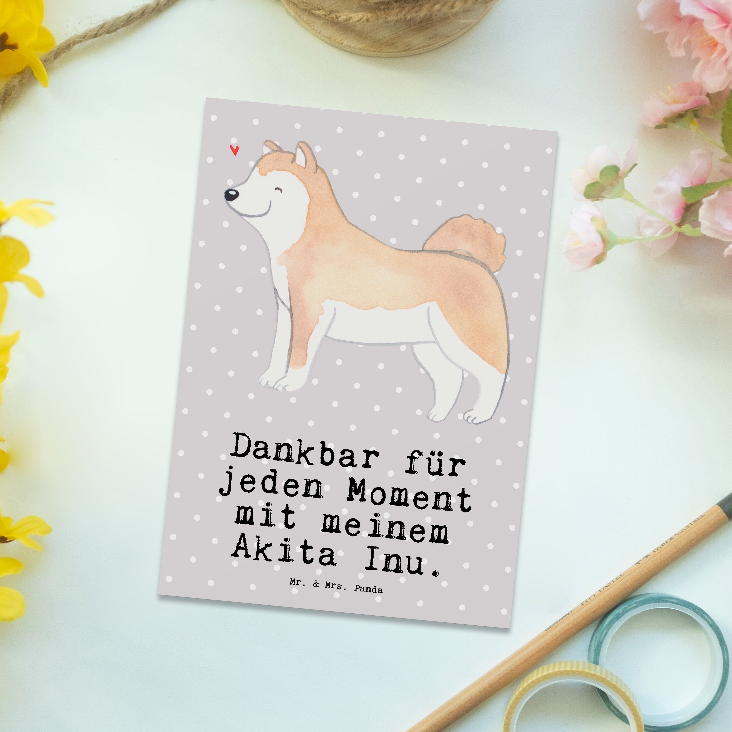 Mr. & Mrs. Panda Hund, Pastell Grau Ansichtskarte, Akita - - Inu Geschenk, Hund Moment Postkarte