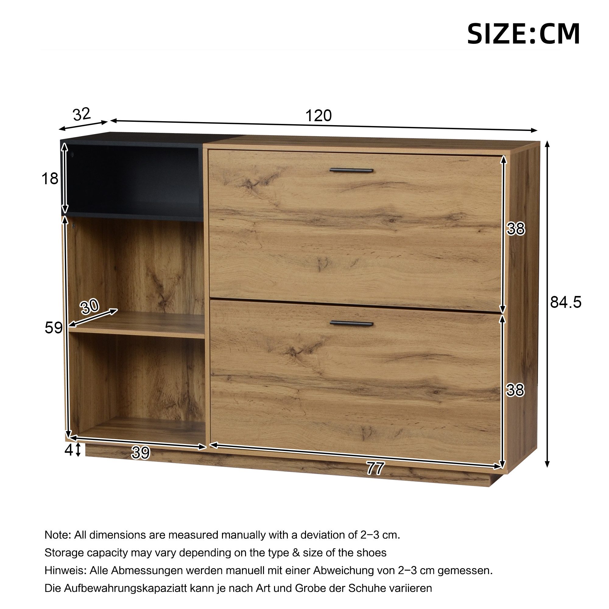 BlingBin Schuhschrank 120x32x84,5 cm Schuhkipper mit 3 Offenen Fächern & 2 Klappfächern (1er Set, 1-St., max. 50kg belastbar, Eingangsschrank, Sideboard) Doppelschrank aus MDF für Wohnzimmer Flur, Naturholzfarbe + Schwarz