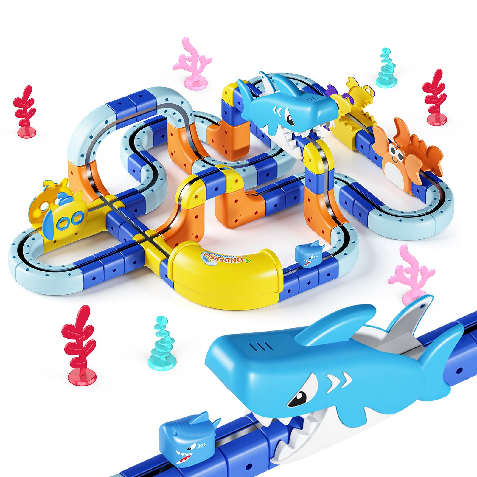 Wootoy Spielzeug-Eisenbahn Spielzeug-Zug Hai-Zugbahn Set mit elektrischem Zug Autorennbahn, (mit Loopings Steigungen Tunneln und weiteren Fahrelementen, 117-tlg., 3D-Schienenbausteine mit Aufbauvarianten für kreative Strecken), Geschenk für Kinder mit Beg