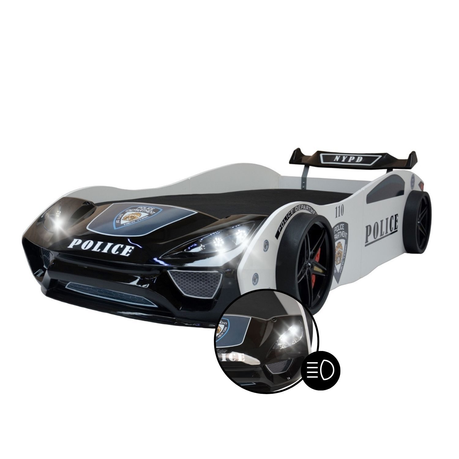 Coemo Autobett V2 POLICE (Komplett-Set Bett und Lattenrost), Kinderbett 90x200 cm Polizeiauto POLICE Rennwagen mit Beleuchtung