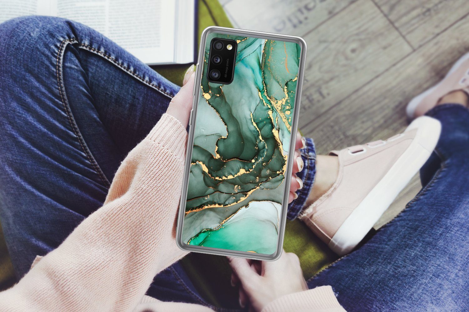 MuchoWow Handyhülle für Samsung Galaxy A41 Gold - Marmor - Grün - Luxus - Marmoroptik - Gr, Smartphone-Bumper, Print, Handy Schutzhülle Dünn