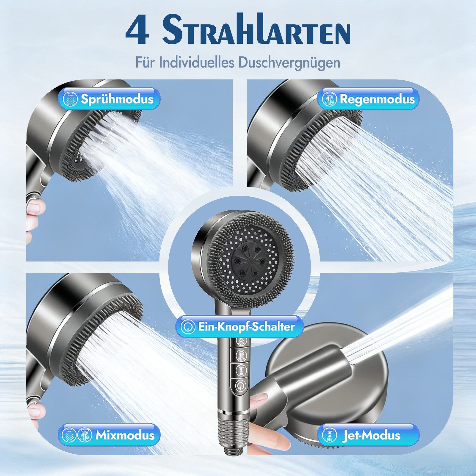 ANYSUN Handbrause Duschkopf mit Schlauch, Filter und Halterung ohne bohren, Wassersparender Handbrause Hochdruck, Duschkopf mit 4 Strahlarten