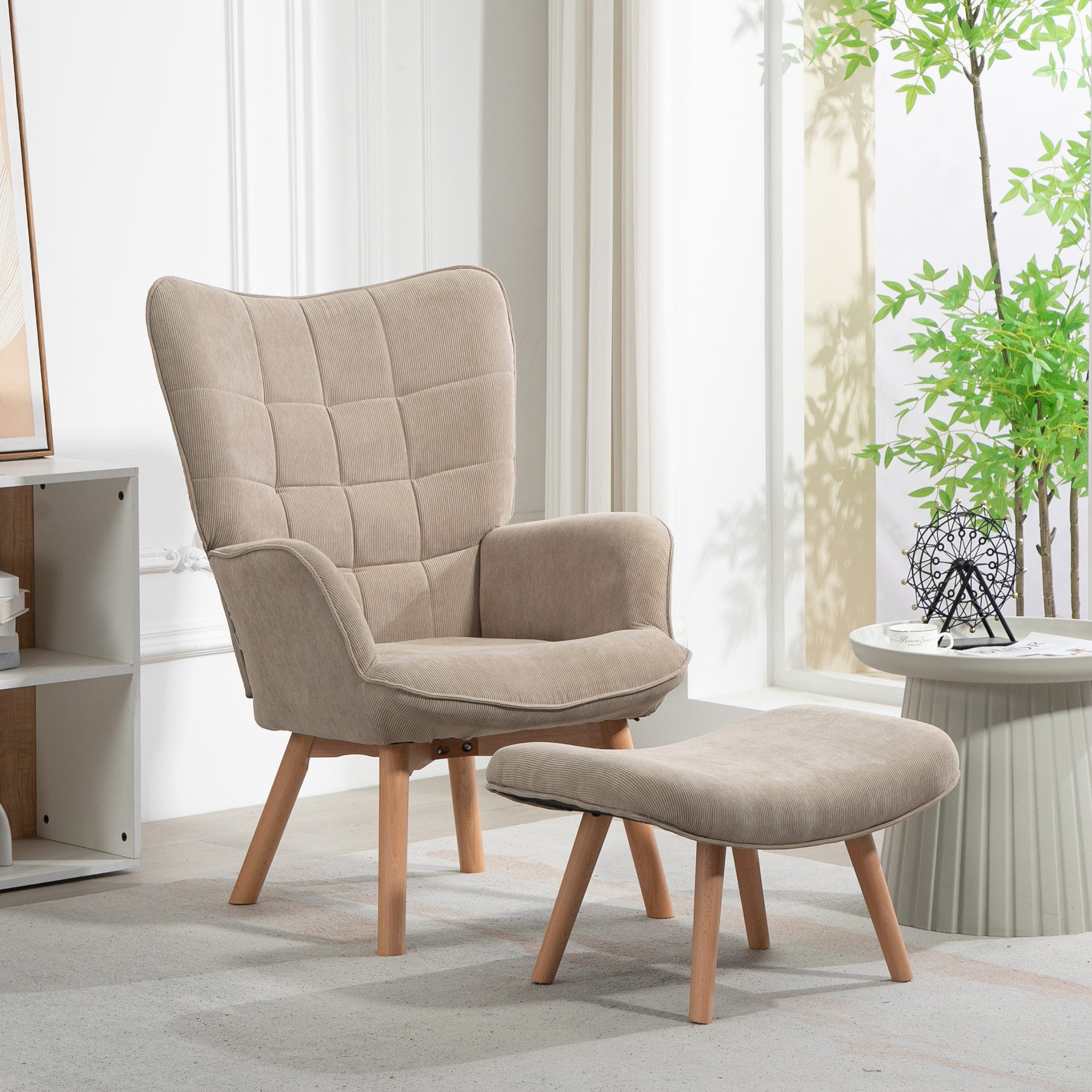 OKWISH Loungesessel Relaxsessel Freizeitstuhl Fernsehsessel (Ohrensessel mit Hocker in Cord-Optik – Relaxsessel mit Holzbeinen & Ottomane, gemütlich gepolstert für Wohnzimmer & Leseecke., Sessel: 72L x 80B x 101H cm. Ottomane: 65L x 43B x 38H cm), mit Relaxfunktion