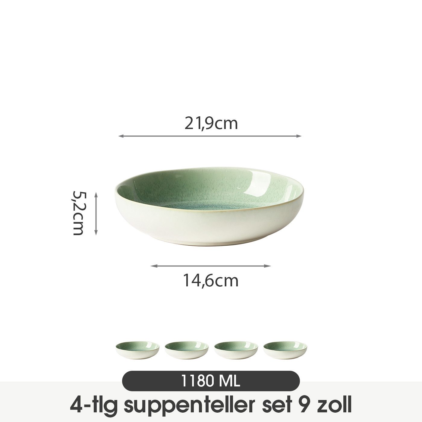 JIWOO Suppenteller 4er Ø21,9cm, Speiseteller Pastateller Salatteller Dessertteller Plate, (4 St), Keramik Hochwertiges Tellerset Grün Mikrowellenofen Spülmaschine