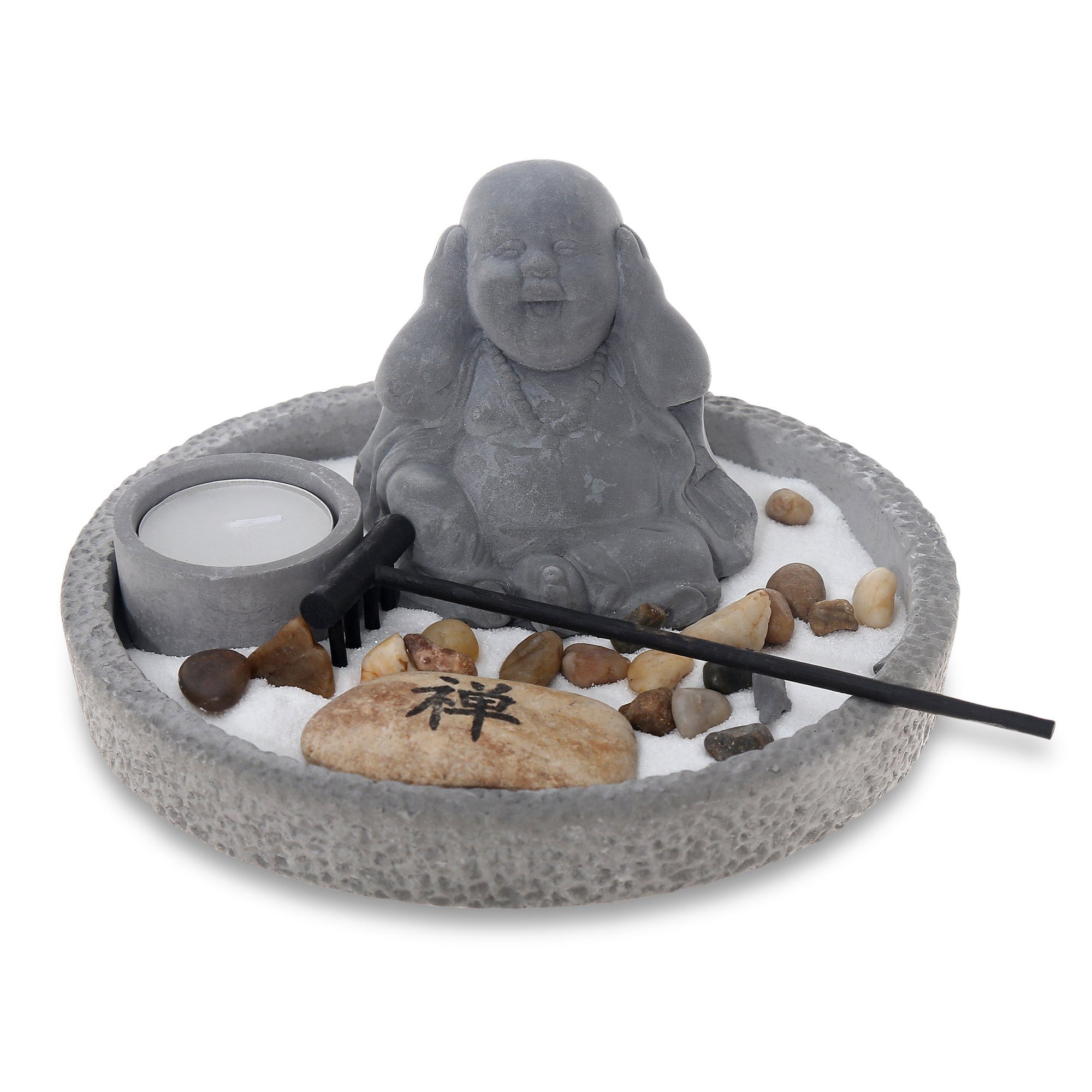 Flanacom Buddhafigur Zen Garten Buddha Figur - Mini Garten Kerzenhalter (Set, mit Buddha Statue sitzend, Teelichthalter, Sand, Harke, und 2 Glückssteinen), Naturholz Esotherik Set