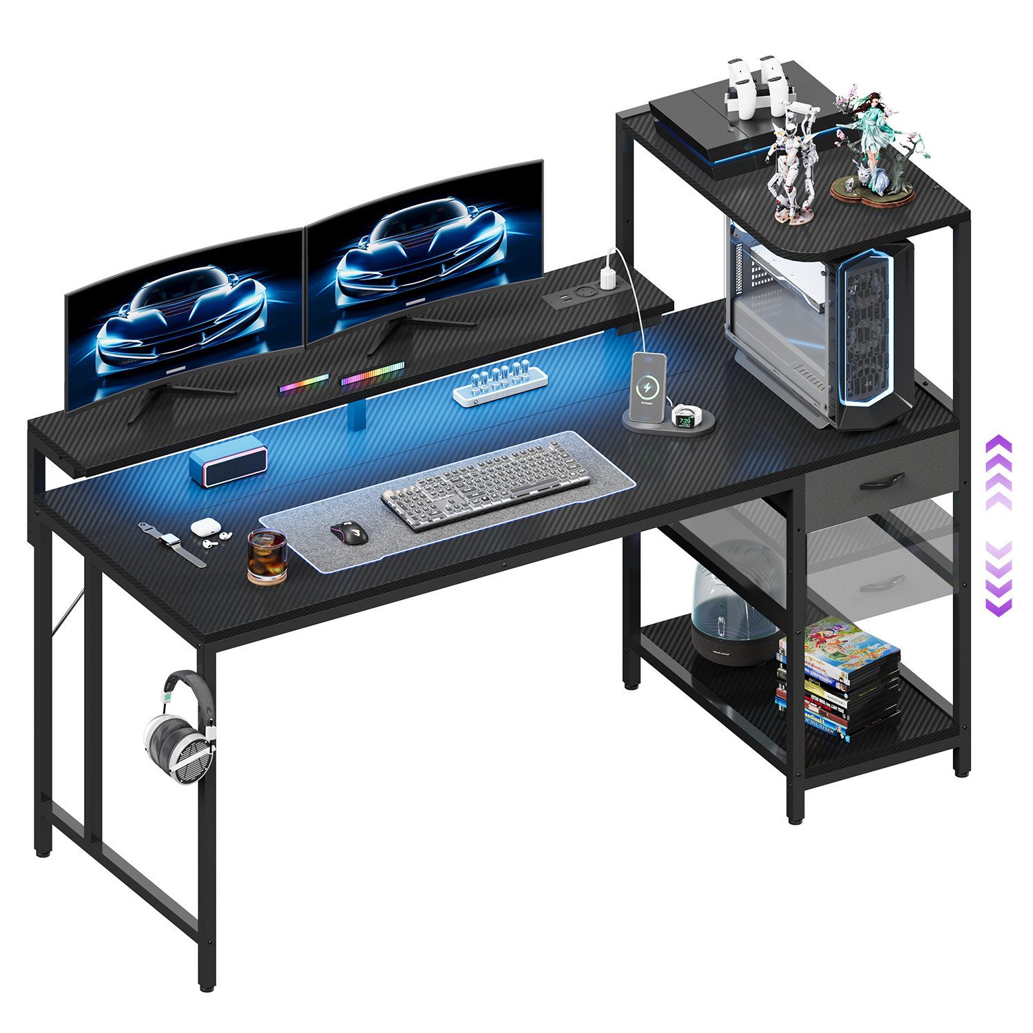 HOMALL Gamingtisch Schreibtisch mit LED-Beleuchtung und Tischplatte aus Karbonfaser (Maße: 120/140 cm, mit einer Schublade, einer Steckdose, einer Monitorhalterung und einer Kopfhörerhalterung, wobei die Halterungen sowohl links als auch rechts angebracht werden können; die Höhe der Schublade ist verstellbar)
