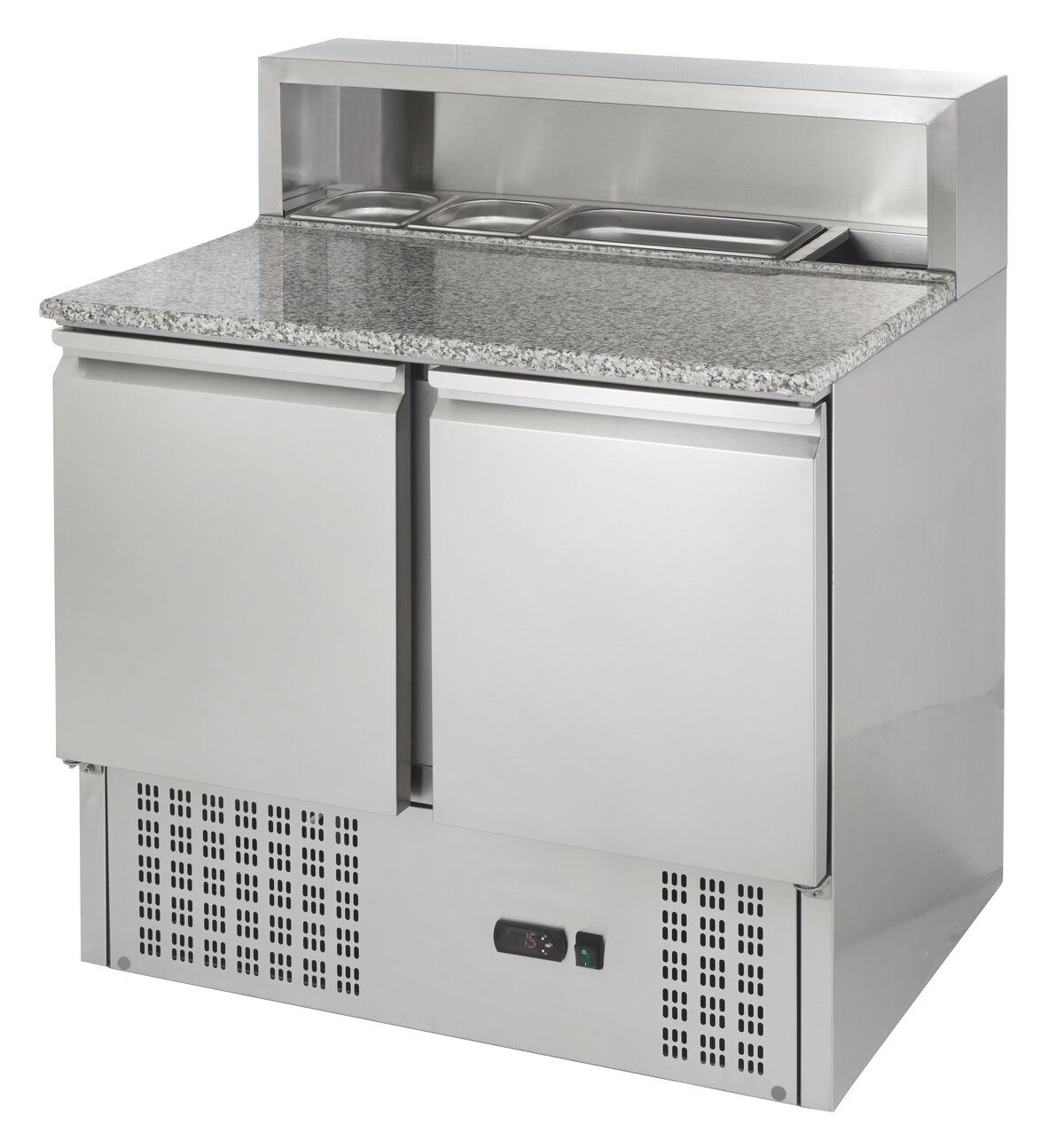 GastroHero Dönergrill Pizzatisch ECO 900 mit Granitplatte Kühltisch 2 Türen 176L, 340 W