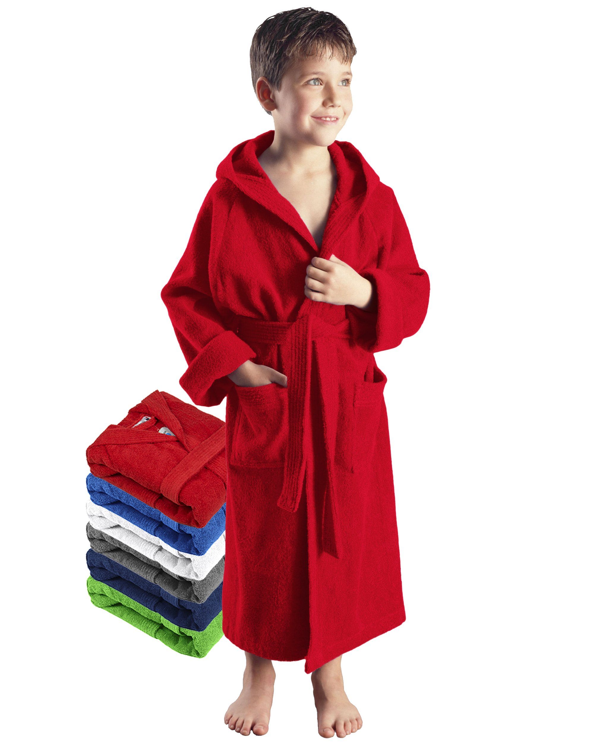 Arus Kinderbademantel für Jungen und Mädchen, mit Kapuze, 100% Baumwolle, mit zwei Taschen, farbenfroh Rot