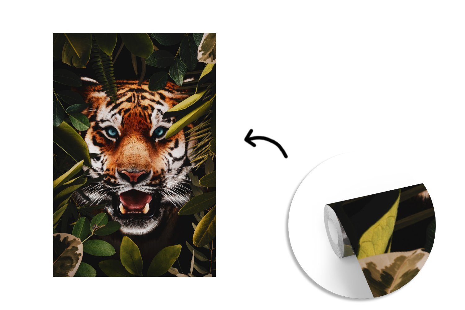 Matt, Tiger für Wandtapete - Vinyl MuchoWow Pflanzen Grün, Montagefertig St), (3 - Fototapete Wohnzimmer, bedruckt, Tapete