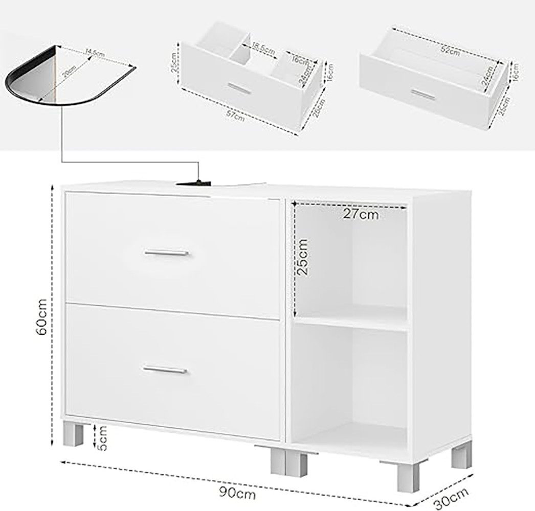 EUGAD Waschbeckenunterschrank (1-St) mit 2 Schubladen, Seitenschrank, freistehend, weiß, 90x60x30 cm