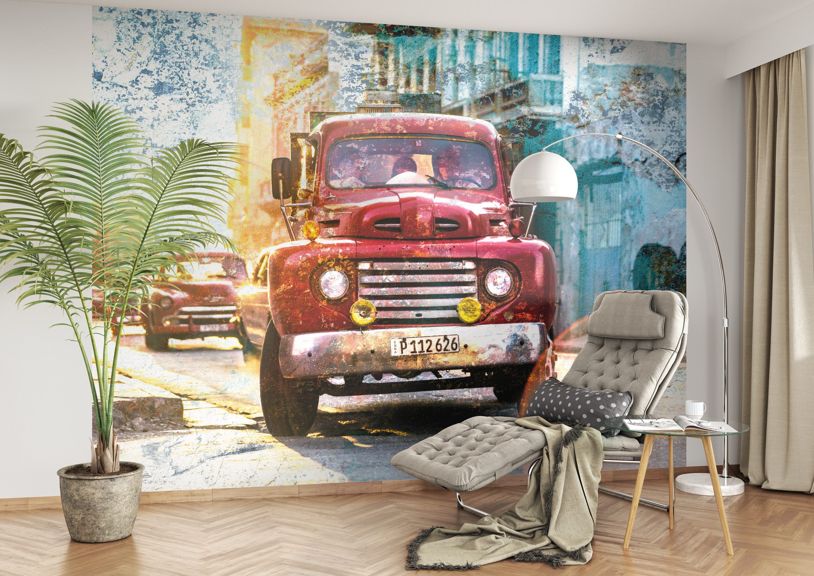 Rasch Fototapete Oldtimer-Motiv - Vliestapete Türkis Rot Gelb, Fotodruck, (1 Rolle, 1 St., 2,8 m x 3,72 m), gute Lichtbeständigkeit, waschbeständig, restlos abziehbar