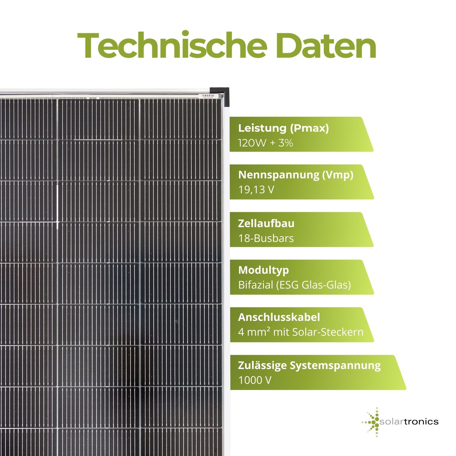 solartronics Solarmodul Monokristallines Solarpanel 120W 18V Bifazial, Monokristallin – Bild 4 von 5