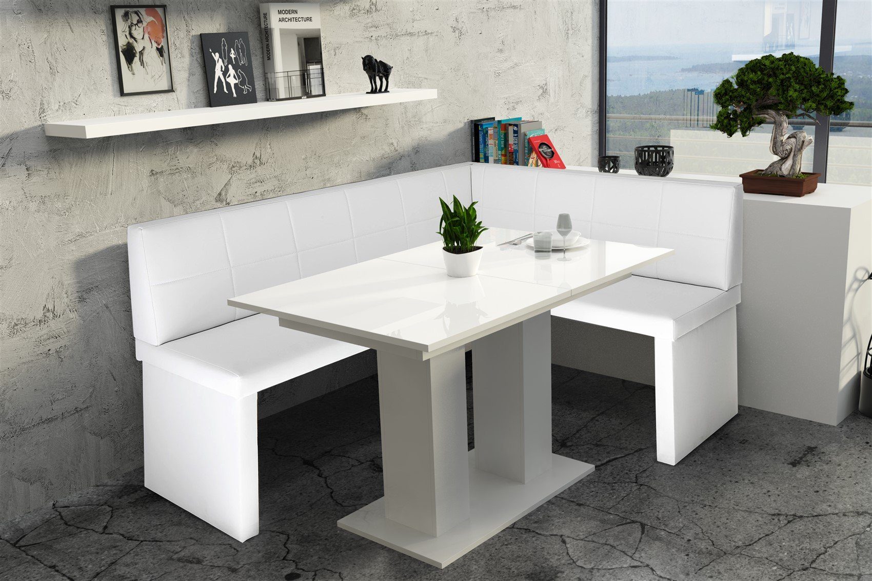 „Dante Eckbankgruppe ausziehbarer Tisch mit Möbel „Robin“ Eckbankgruppe in Tisch weiß“, 168x128cm Kunstleder Fun