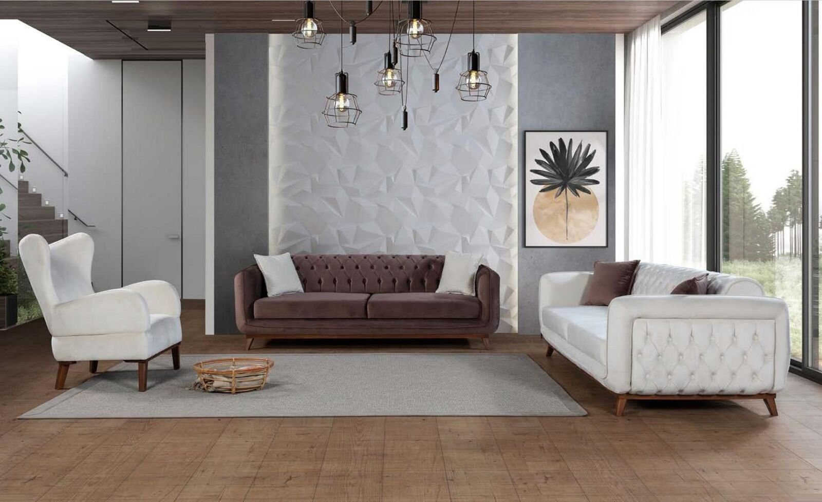 JVmoebel Wohnzimmer-Set Sofagarnitur Chesterfield Stoff Sofa Couch Weiß Sessel Textil Sofa, (3-St)