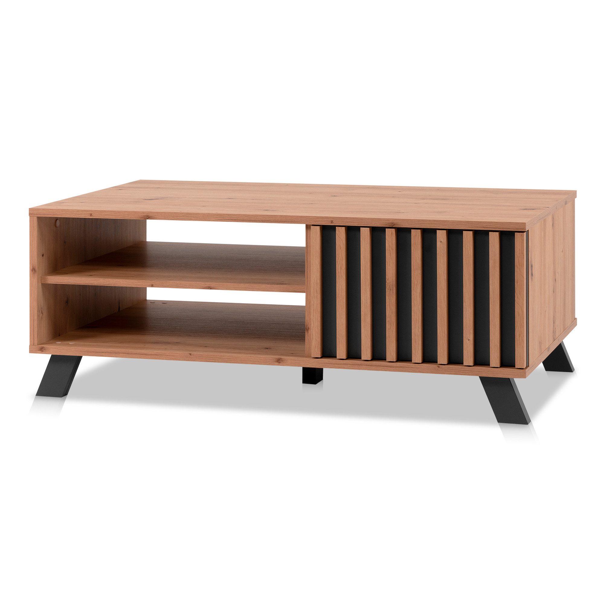 KHG Couchtisch Sofatisch aus Holzwerkstoff Eiche foliert (1-türig inkl. 2 offene Fächer, trendiger Scandi-Look)