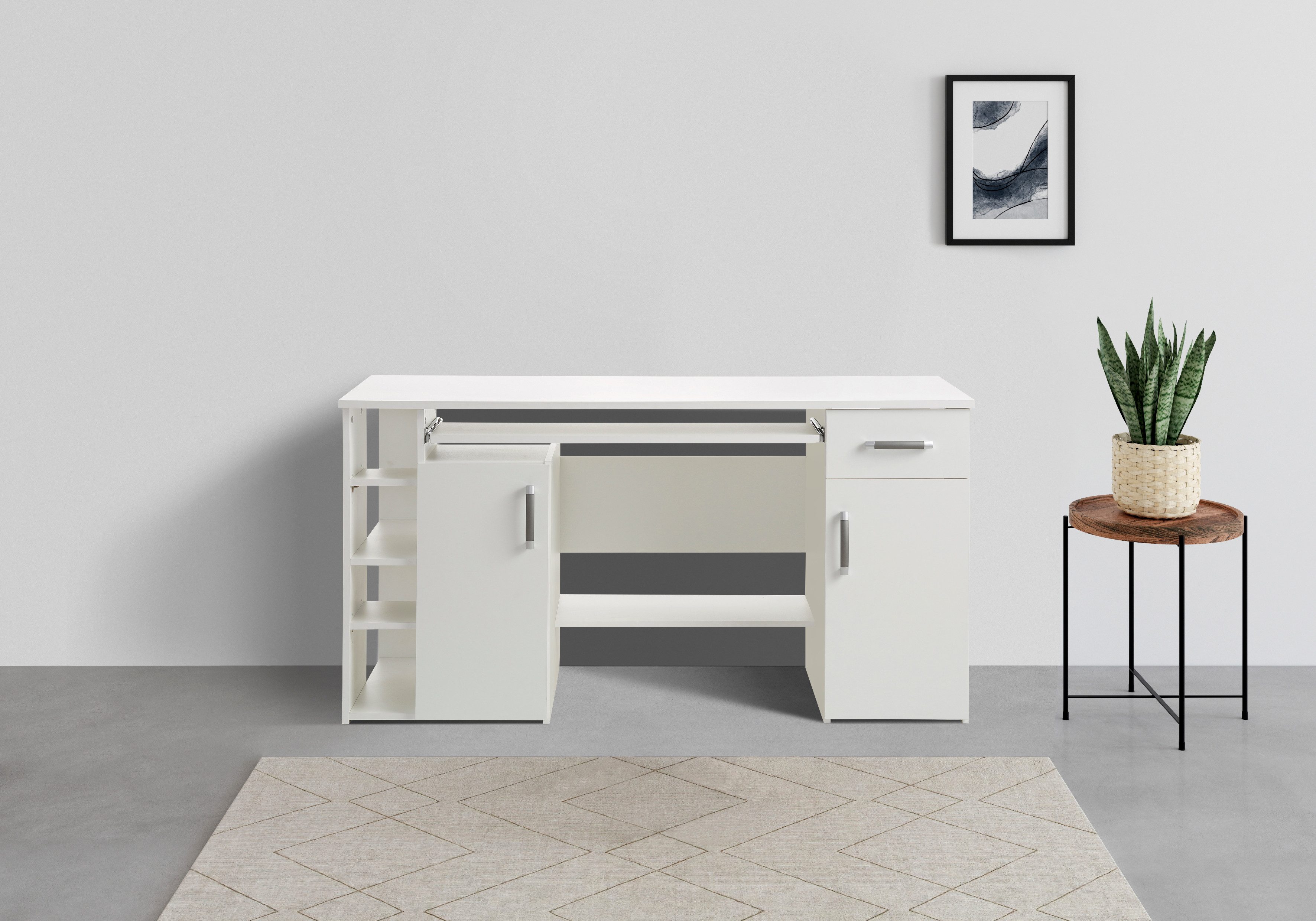 VOGL Möbelfabrik Schreibtisch Tim mit seitlich offenen Fächern & Tastaturauszug, Druckerablage, 1 Schublade, Breite 138 cm, Made in Germany